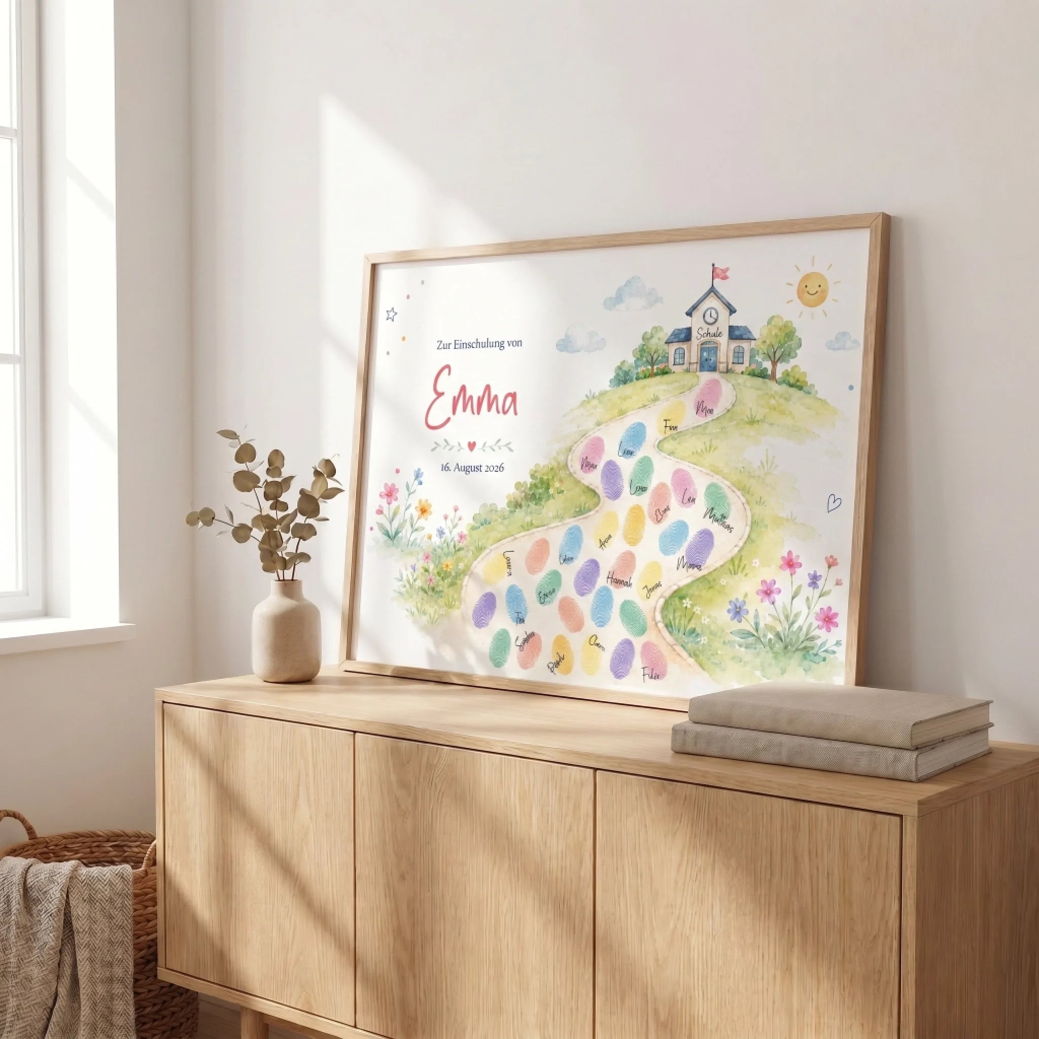 Leinwand mit personalisiertem Einschulungs-Gästebuch-Poster, Fingerabdruck-Design mit Schulweg-Motiv und Datum