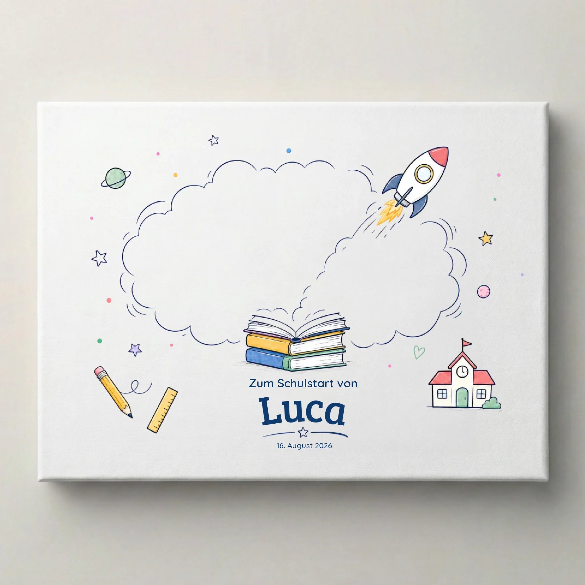Personalisierte Poster auf weißer Leinwand mit Fingerabdruckfläche aus Wolken und Raketenmotiv zum Schulstart