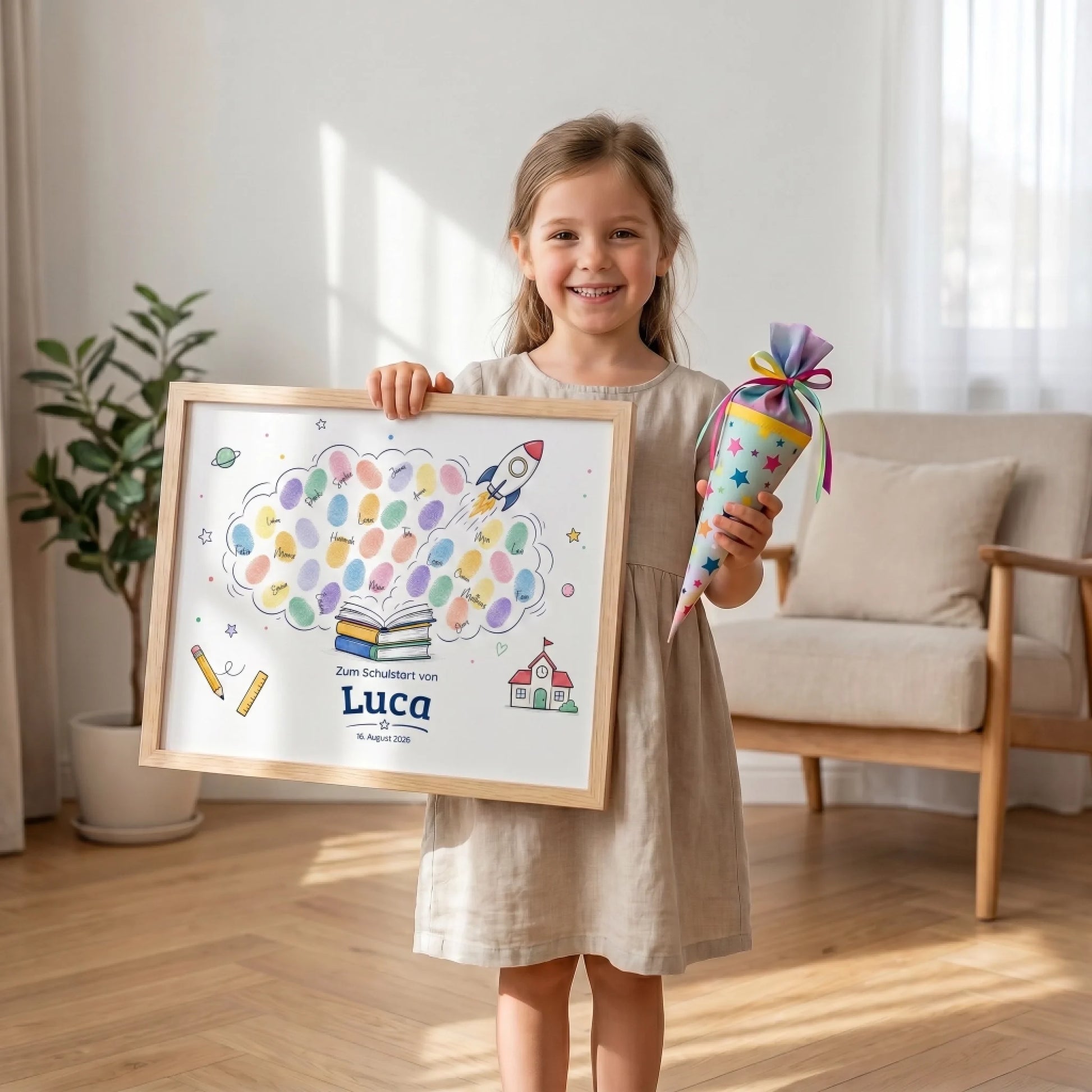 Personalisierte Gästebücher für Einschulung als Fingerabdruck-Poster mit Wolkenform aus offenen Büchern
