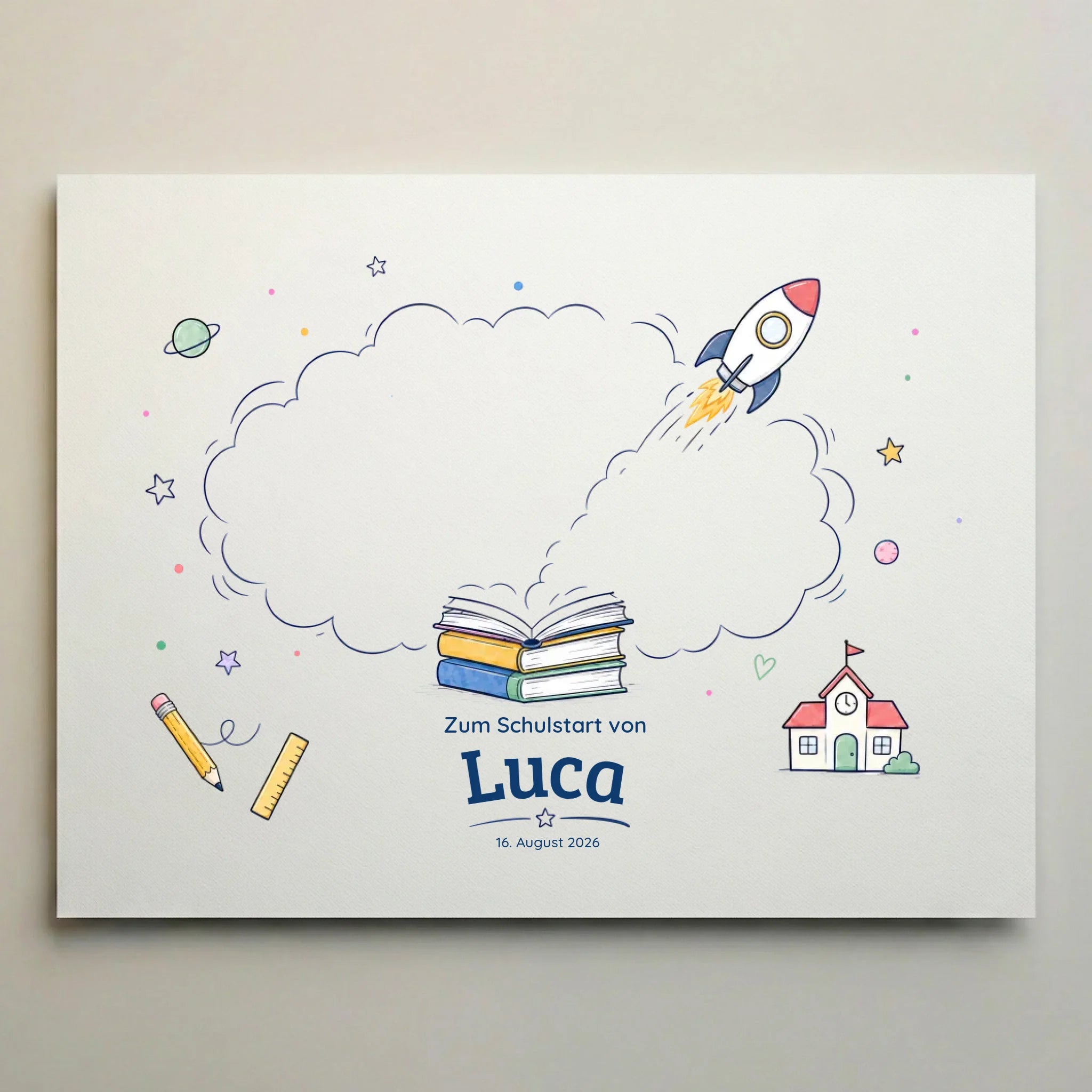 Leinwand mit Wolkenmotiv und Rakete, Fingerabdruck-Poster mit Buch und Raketenmotiv für den Schulstart