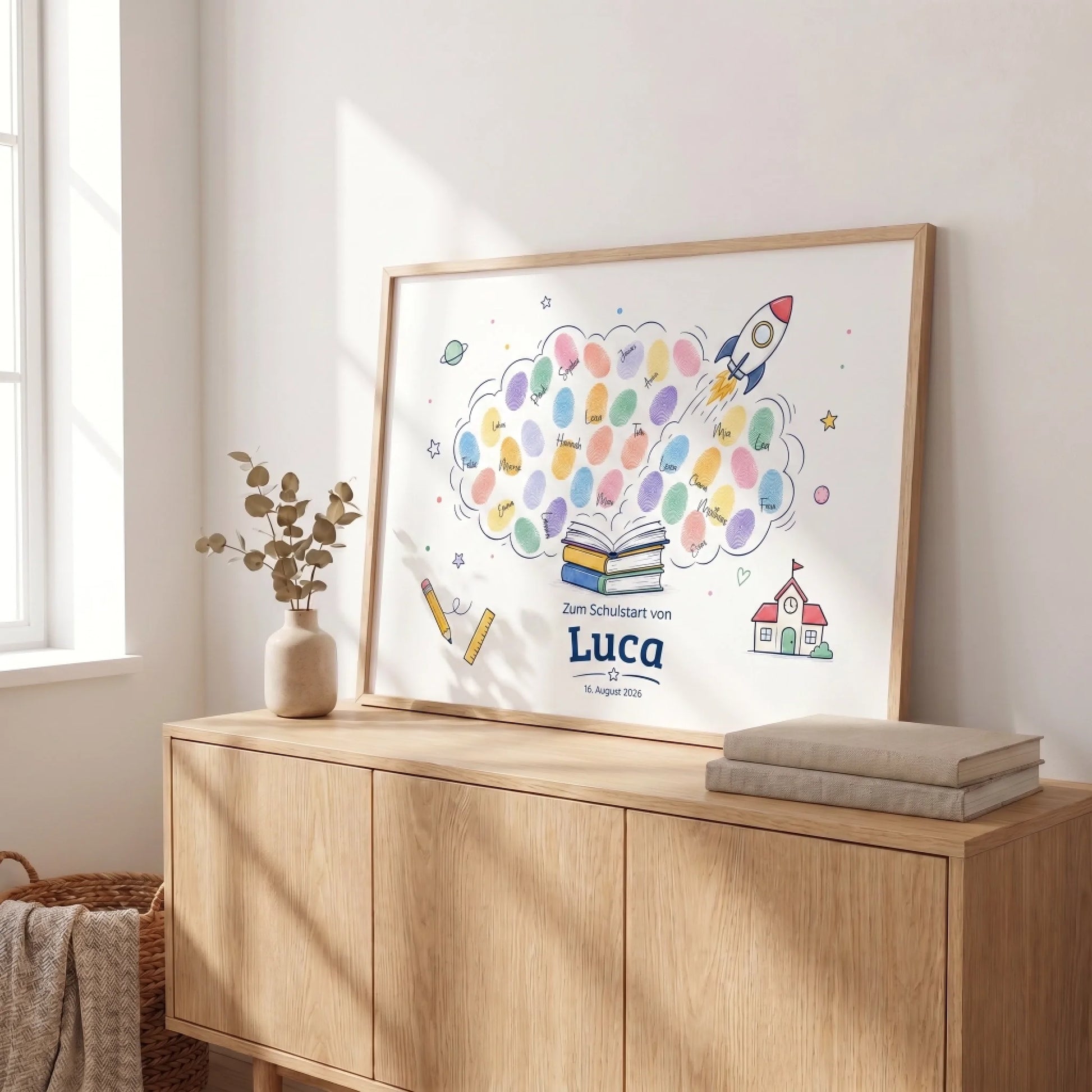 Gästebuch Einschulung als Fingerabdruck-Poster mit Raketenmotiv, personalisiert für den ersten Schultag, auf Leinwand