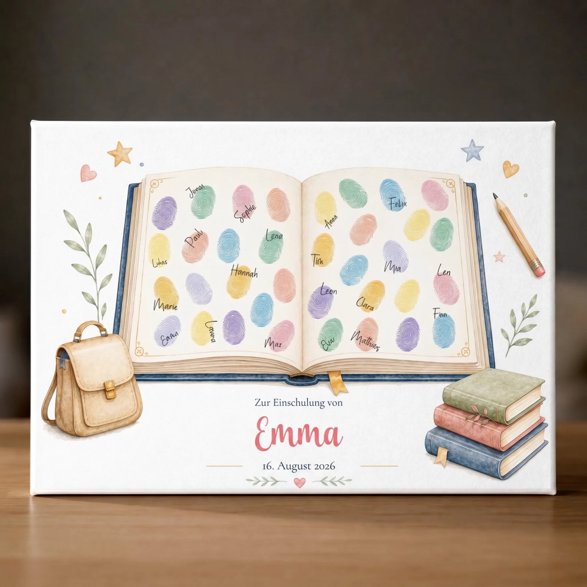 Gästebuch Leinwand mit offenem Buch Motiv, personalisierte Gästebücher und Fingerabdruck Gästebuch zur Einschulung