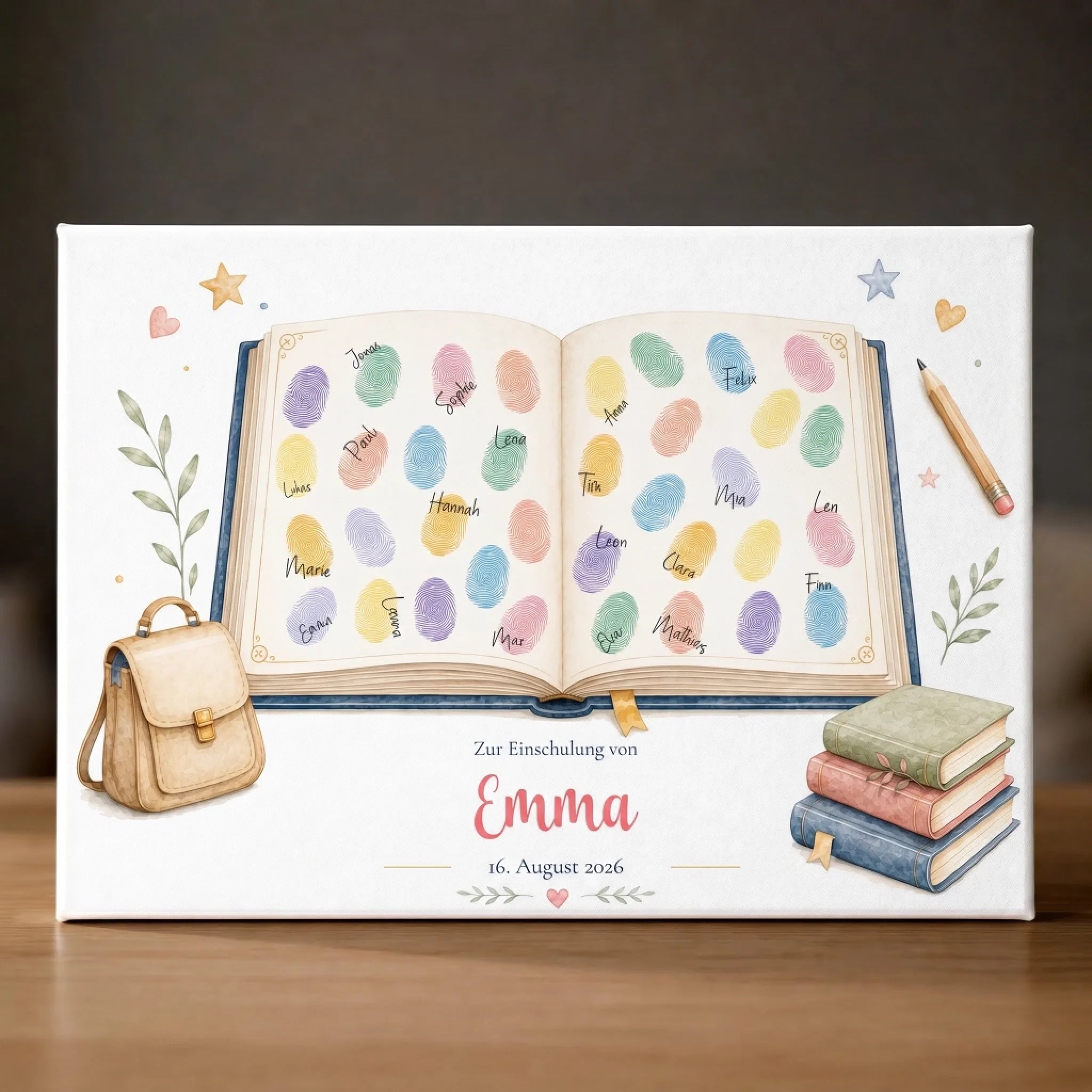 Gästebuch Leinwand mit offenem Buch Motiv, personalisierte Gästebücher und Fingerabdruck Gästebuch zur Einschulung
