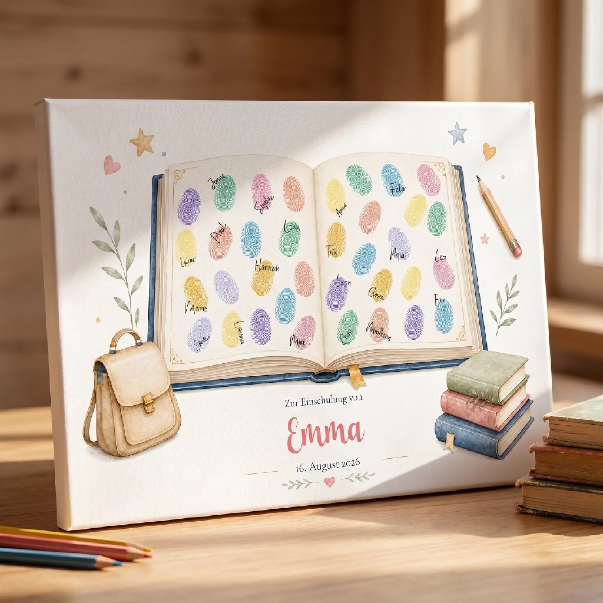 Gästebuch Leinwand mit offenem Buch Motiv, personalisierte Gästebücher und Fingerabdruck Gästebuch zur Einschulung Feed
