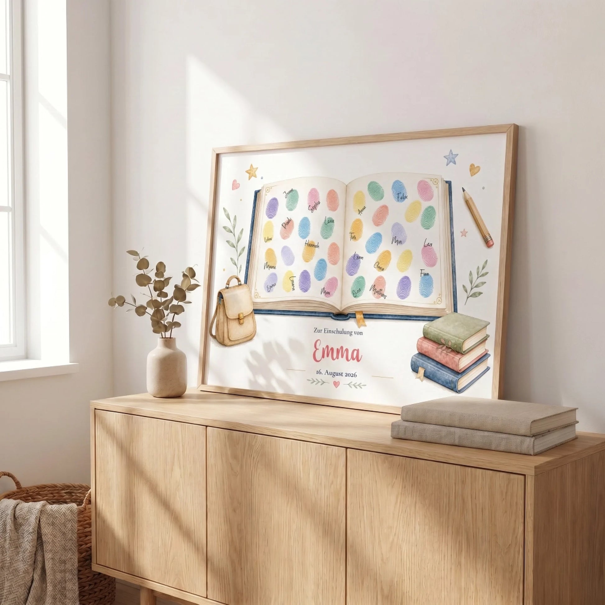 Gästebuch Einschulung als Leinwand mit offenem Buch Motiv, personalisierte Poster und Fingerabdruck Gästebuch Feed