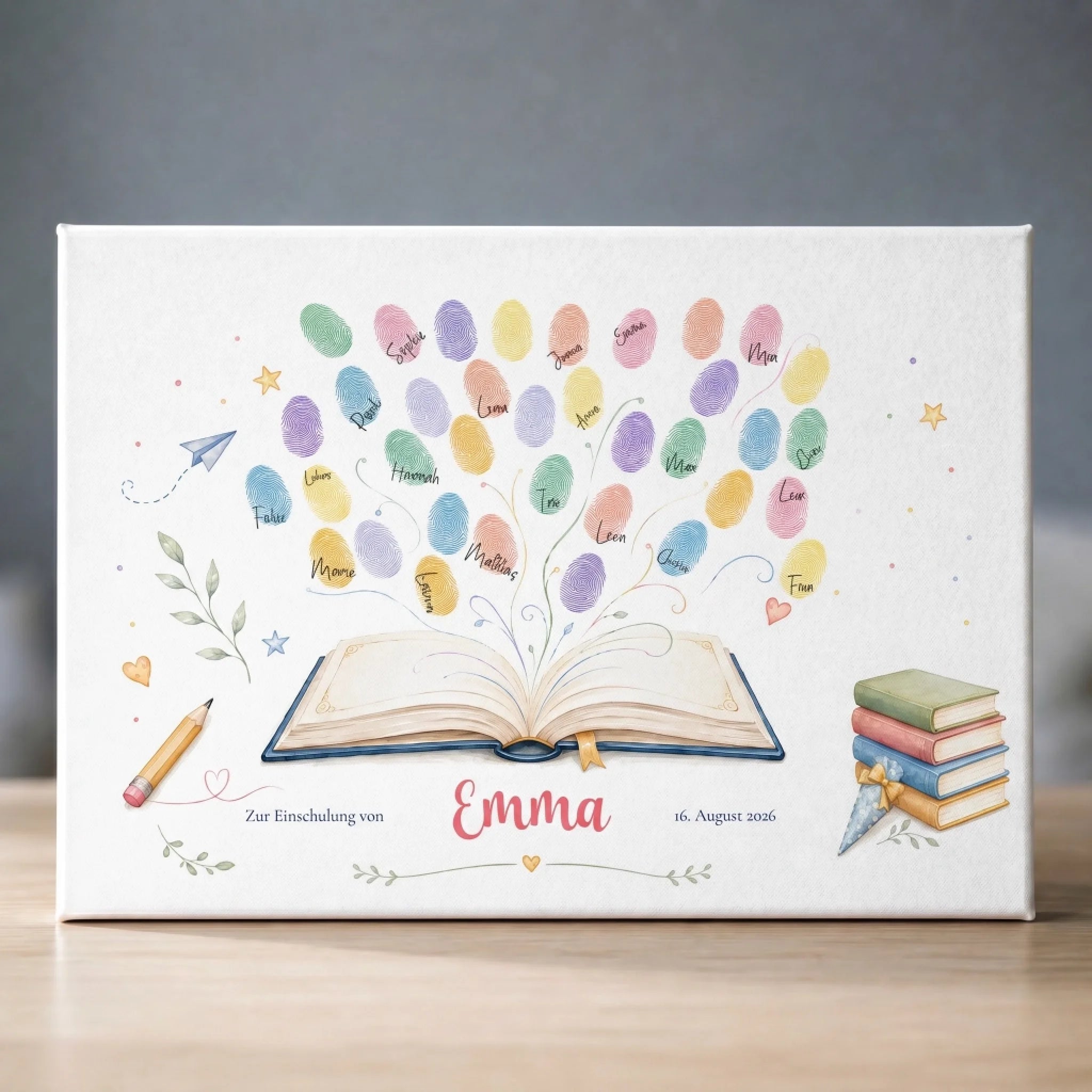 Personalisierte Gästebücher für Einschulung als Leinwand, mit Fingerabdruck Gästebuch Motiv und Sternen