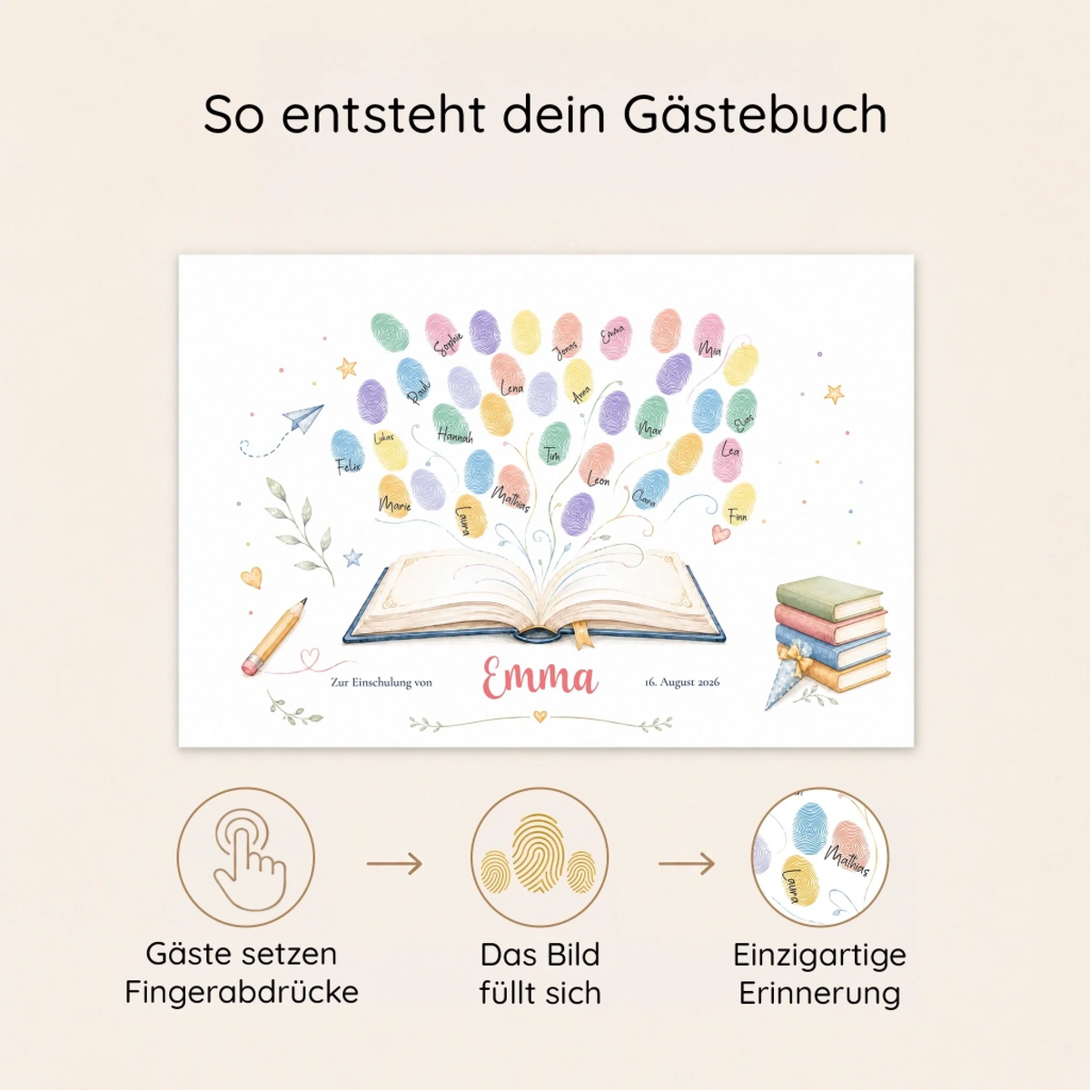Personalisierte Gästebücher mit Fingerabdruck Gästebuch Motiv, offenes Buch und bunte Abdruckkreise im Design