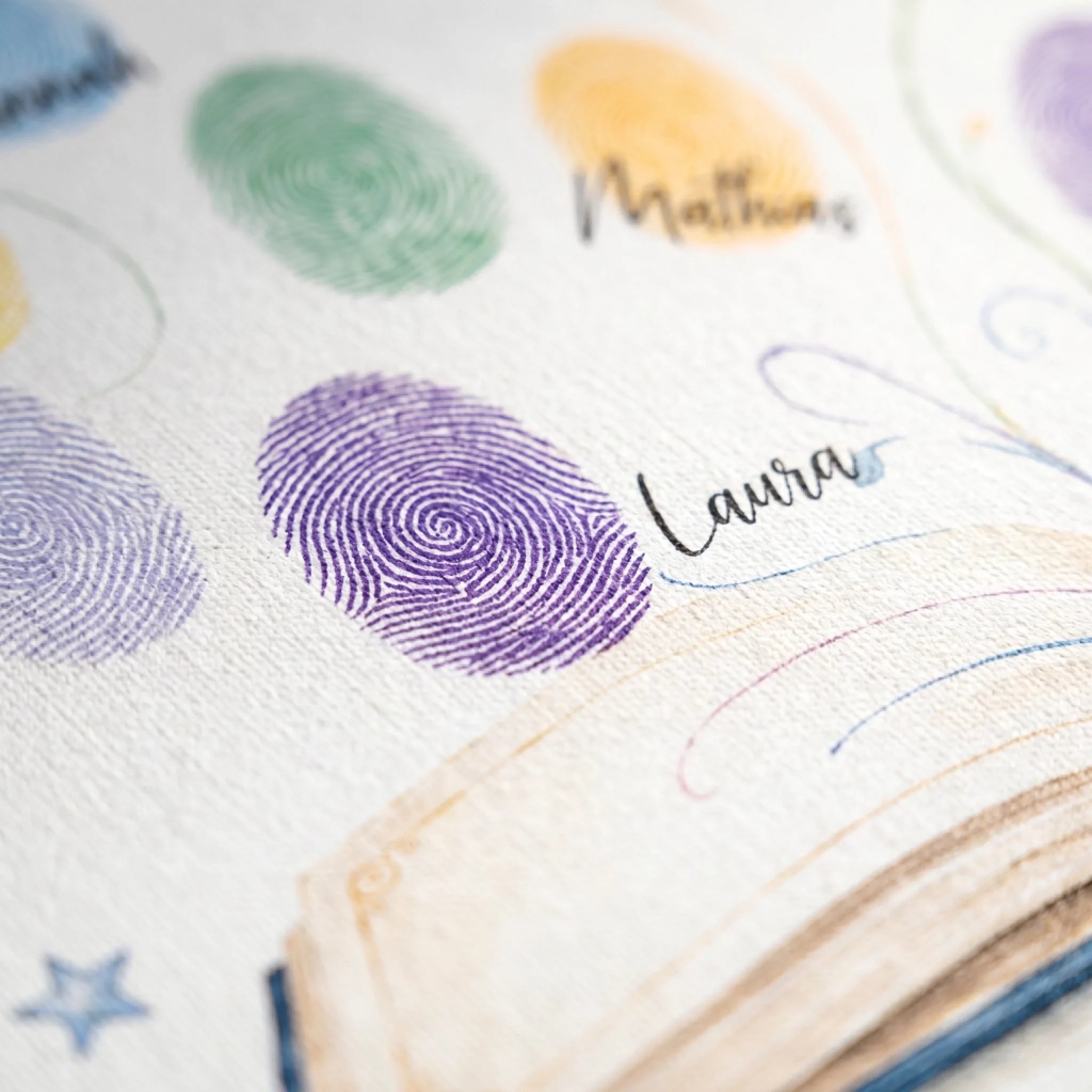 Personalisierte Poster mit Fingerabdruck Gästebuch, violettem Motiv auf hellem Hintergrund, mit Namen und Datum Feed