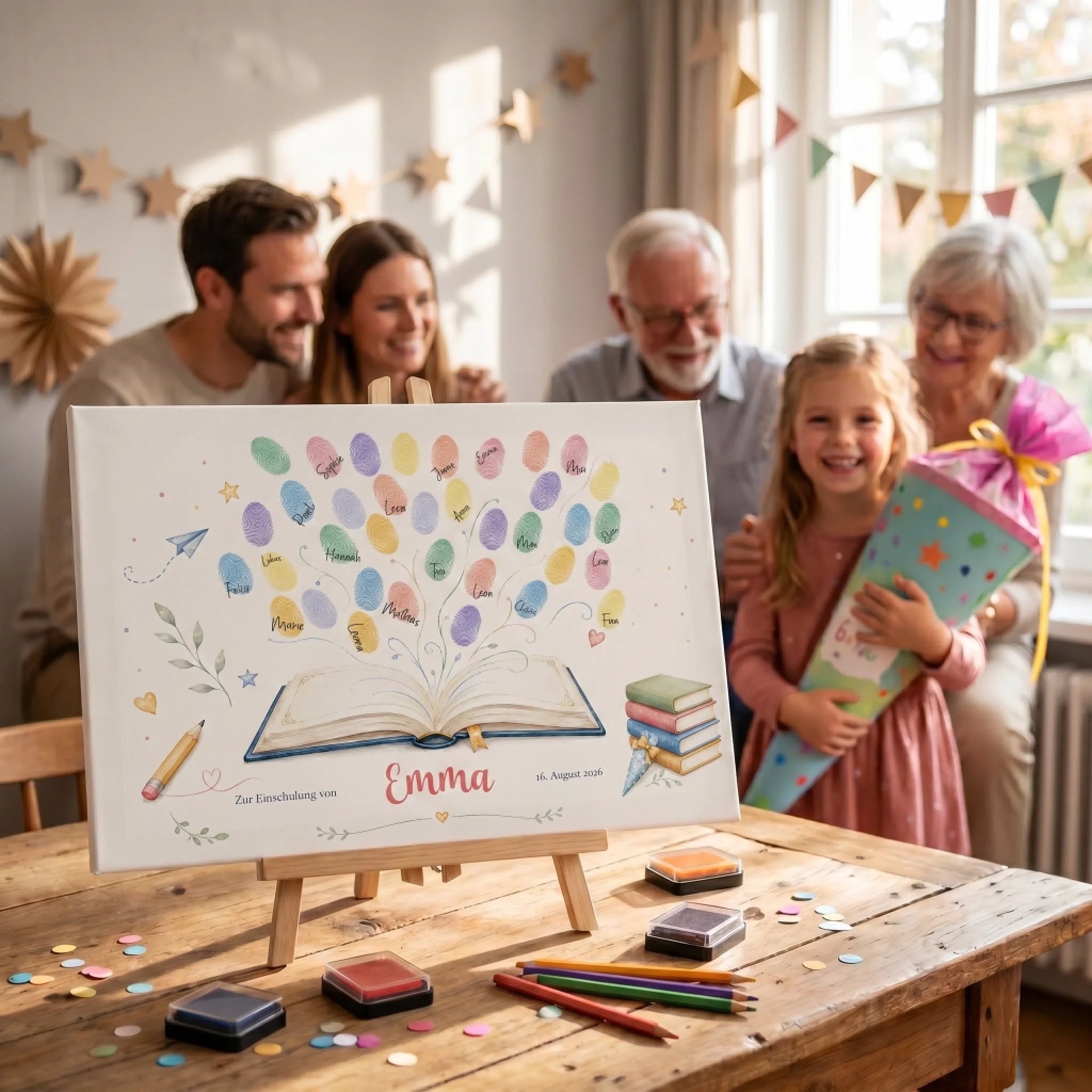 Personalisierte Gästebücher als Einschulungs-Gästebuch mit Fingerabdruck, buntes Leinwandmotiv mit Sternen und Herzen Feed