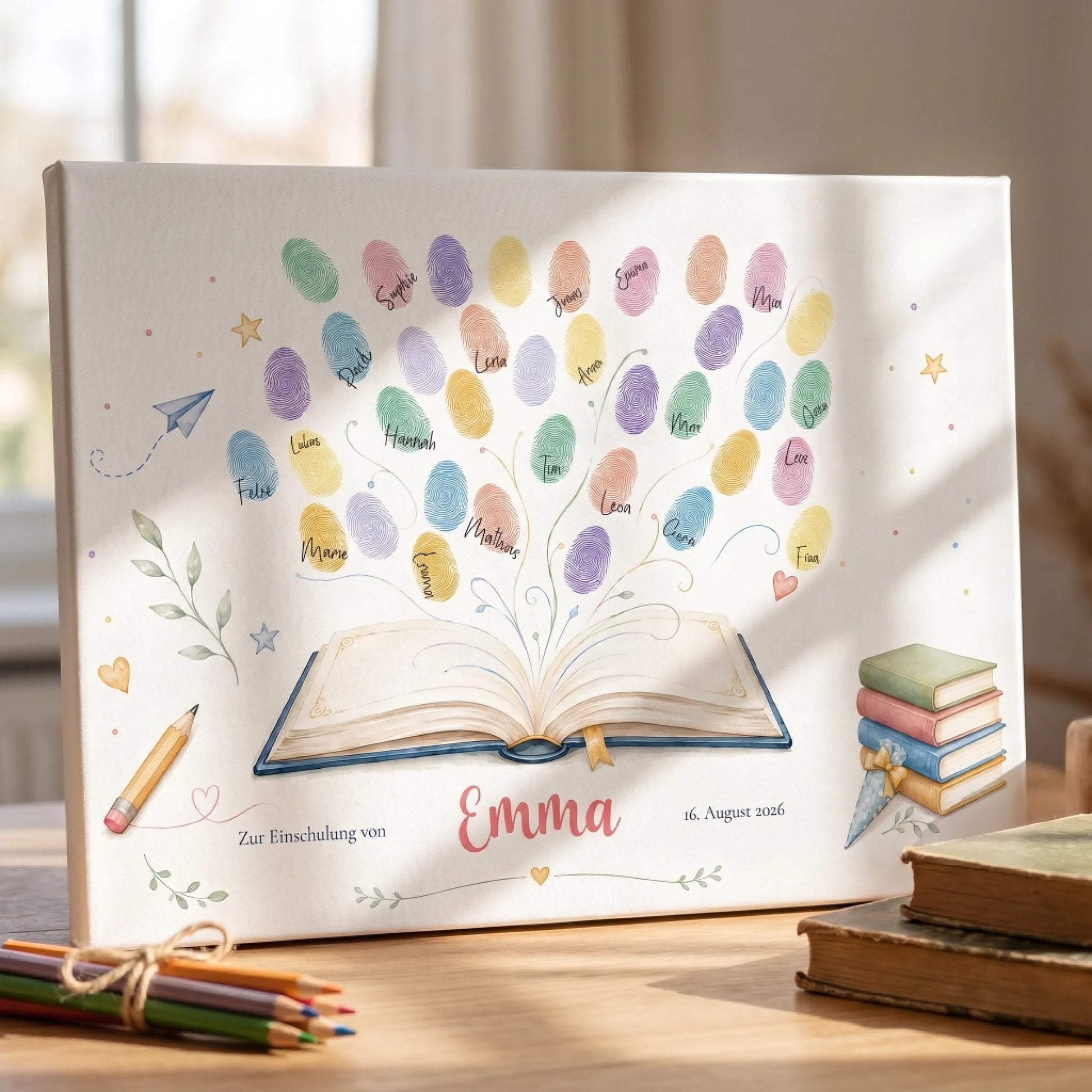 Leinwand Gästebuch mit Fingerabdruck, personalisiertes Einschulungs-Gästebuch, farbige Handabdrücke und Buchmotiv Feed
