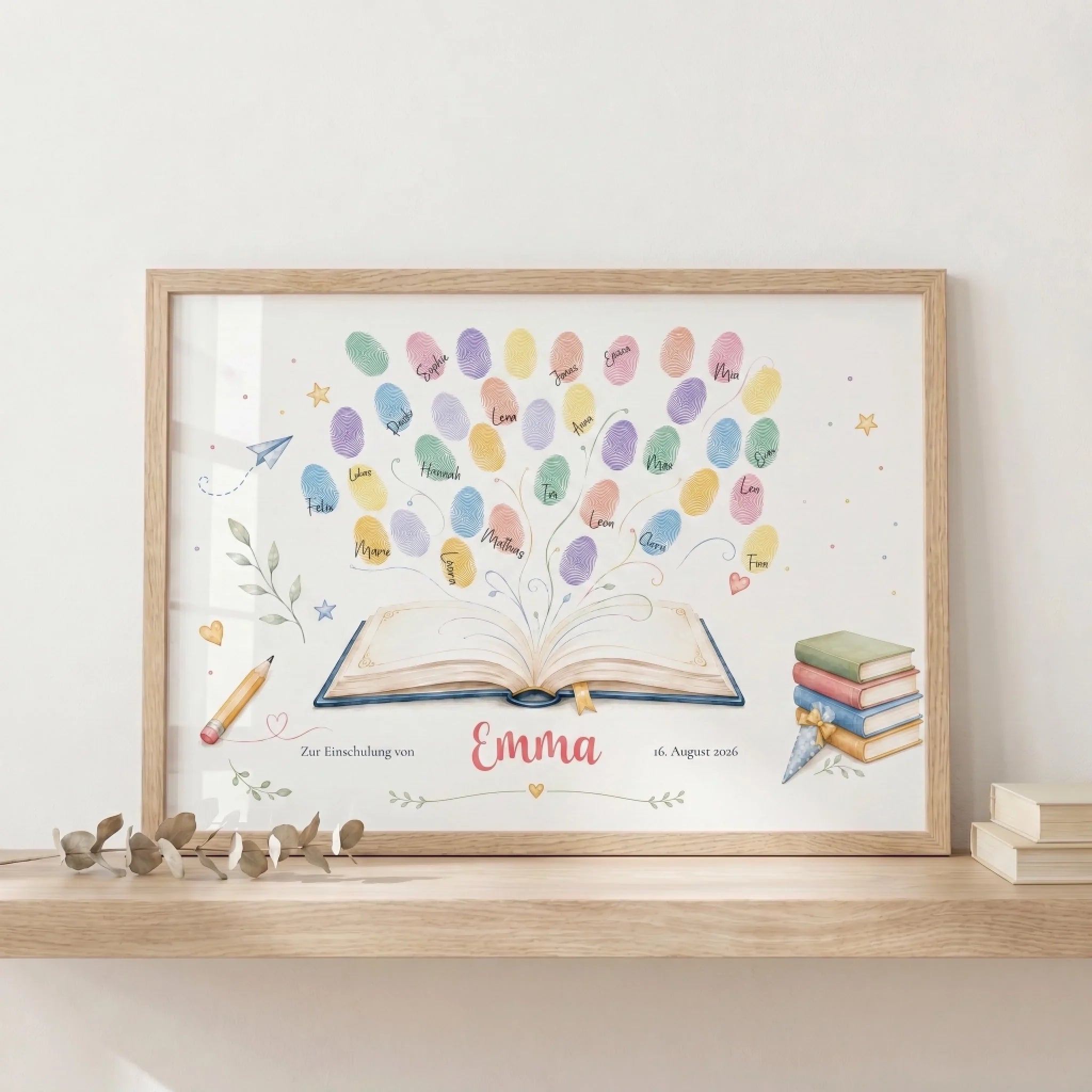 Personalisierte Poster mit Fingerabdruck Gästebuch zur Einschulung auf Leinwand, mit bunten Eulen und Sternen