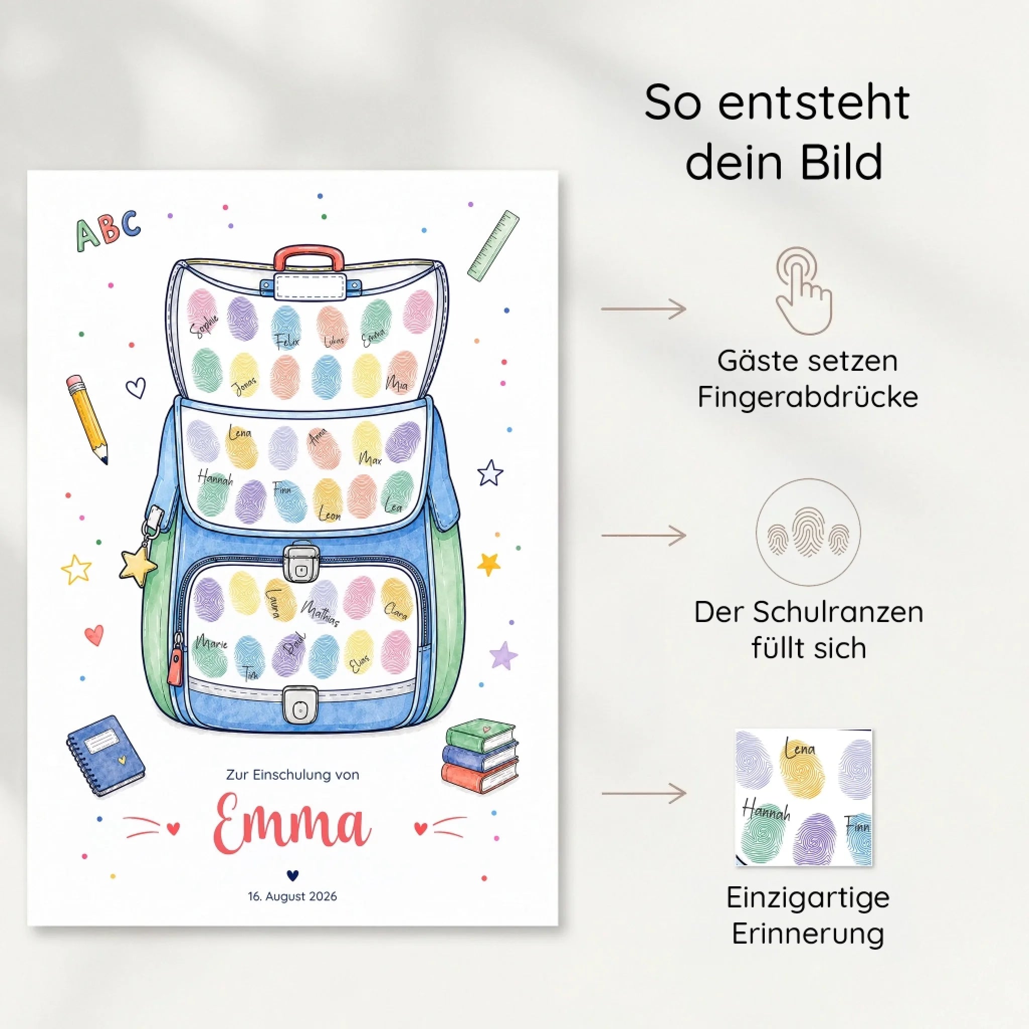 Gästebuch Einschulung als Leinwand mit Schulranzen-Motiv, personalisierte Poster und Fingerabdruck Gästebuch Feed