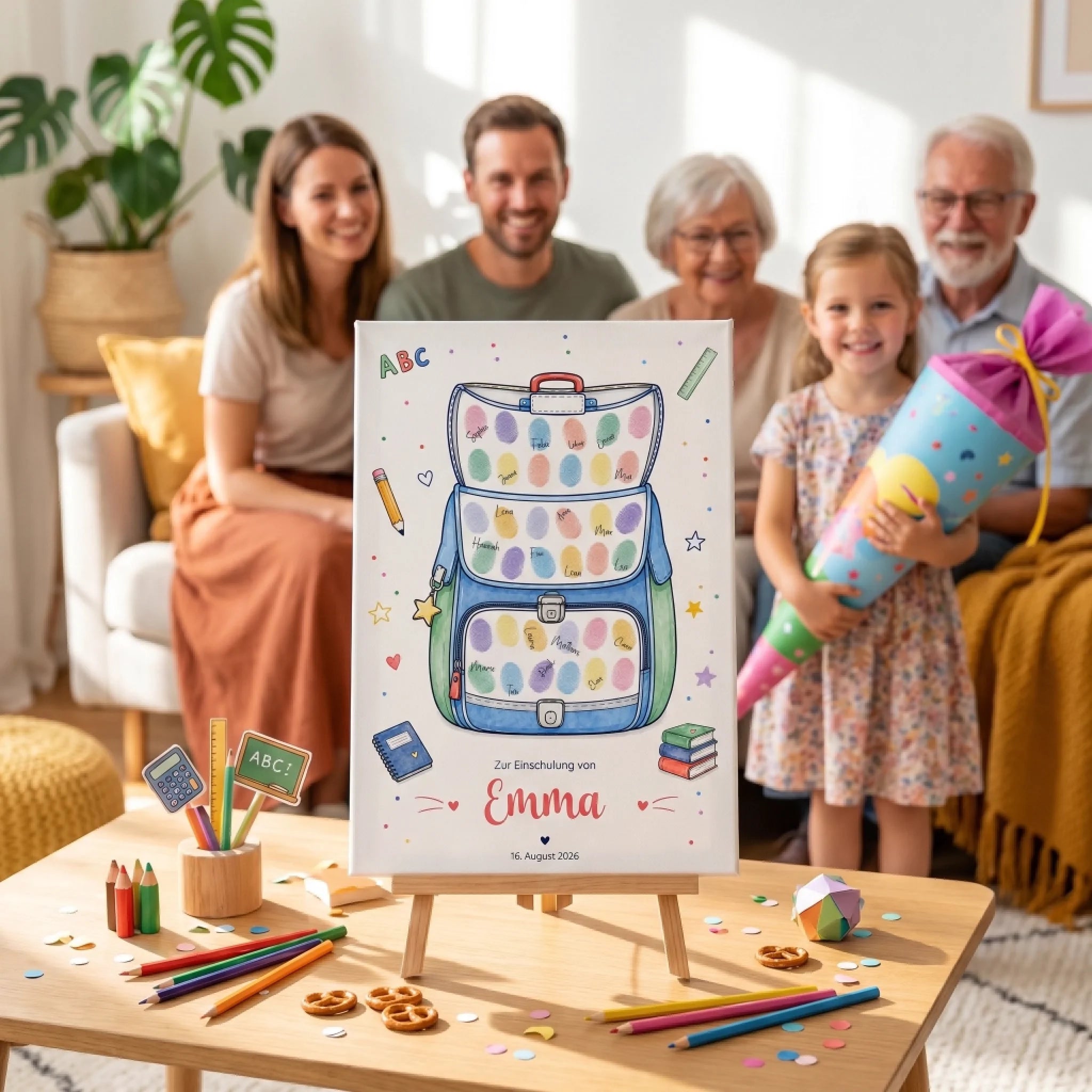 Poster ohne Rahmen mit Schulranzen Motiv, Personalisierte Gästebücher und Platz für Namen und Datum Feed