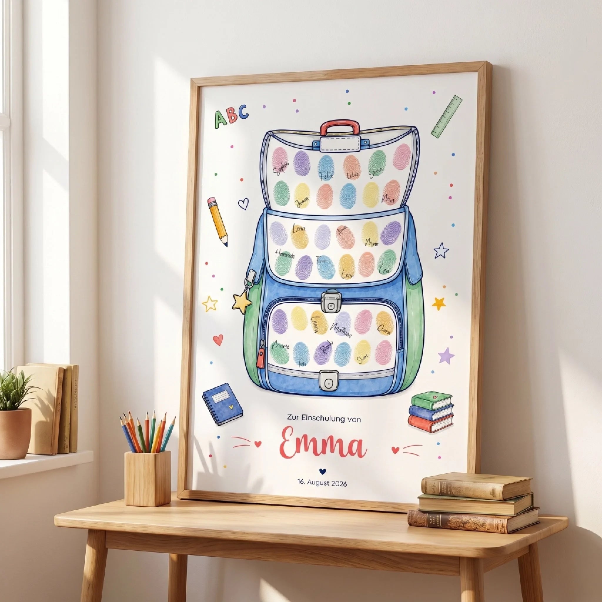 Gästebuch Einschulung als Poster ohne Rahmen mit Schulranzen Motiv, Platz für Namen und Datum Feed
