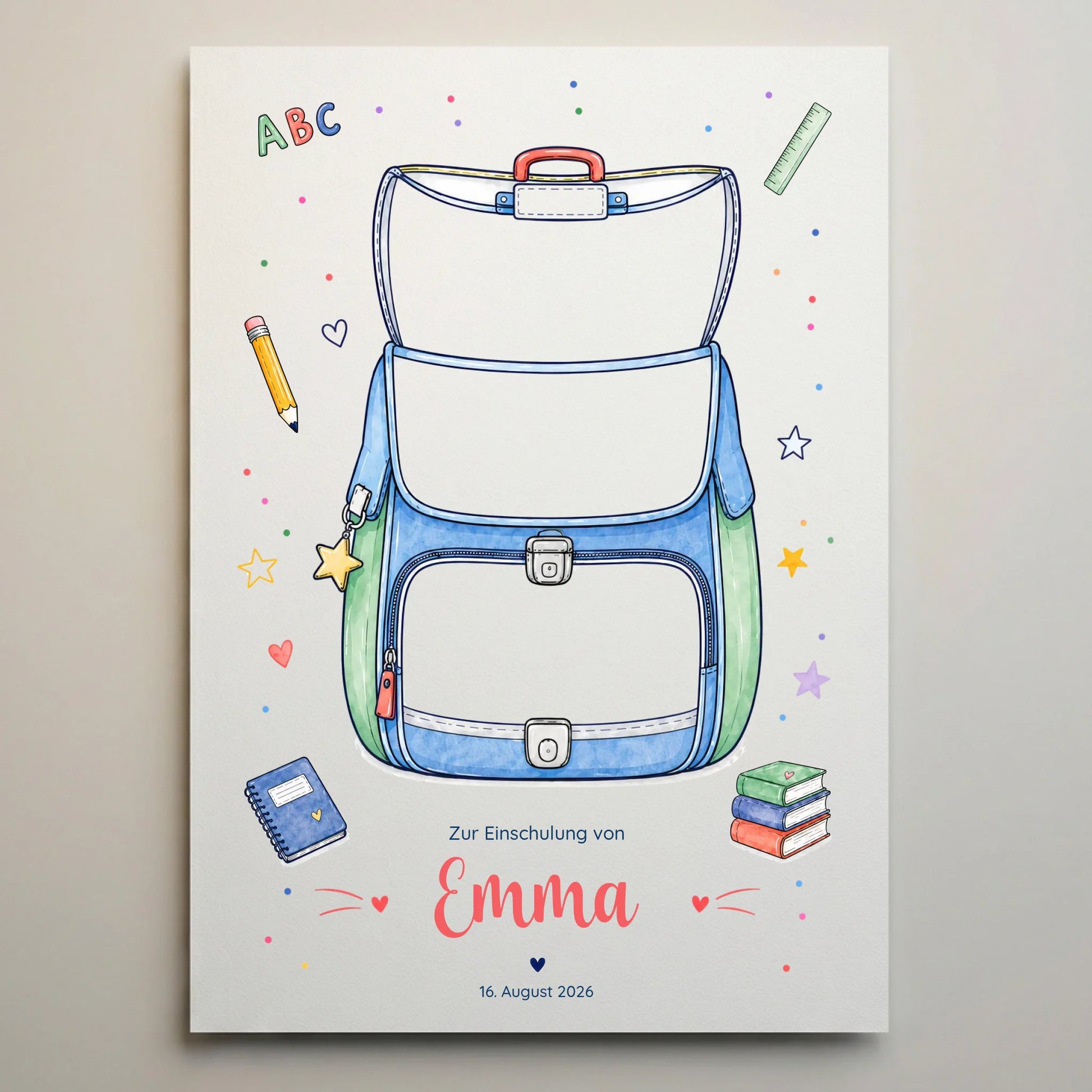 Personalisierte Poster mit Einschulung-Motiv, Fingerabdruck Gästebuch Design auf weißer Leinwand, mit Namen und Datum