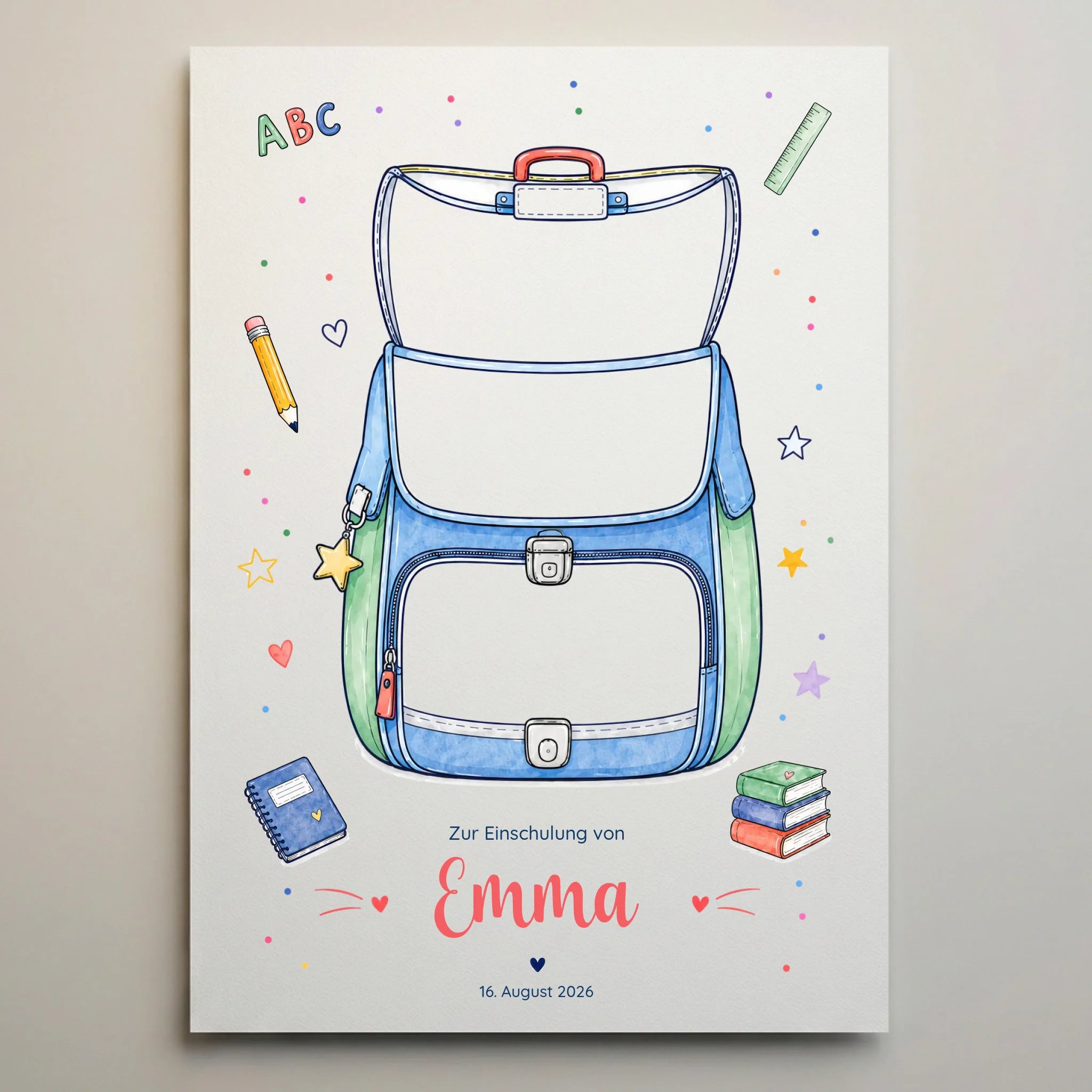Personalisierte Poster mit Einschulung-Motiv, Fingerabdruck Gästebuch Design auf weißer Leinwand, mit Namen und Datum