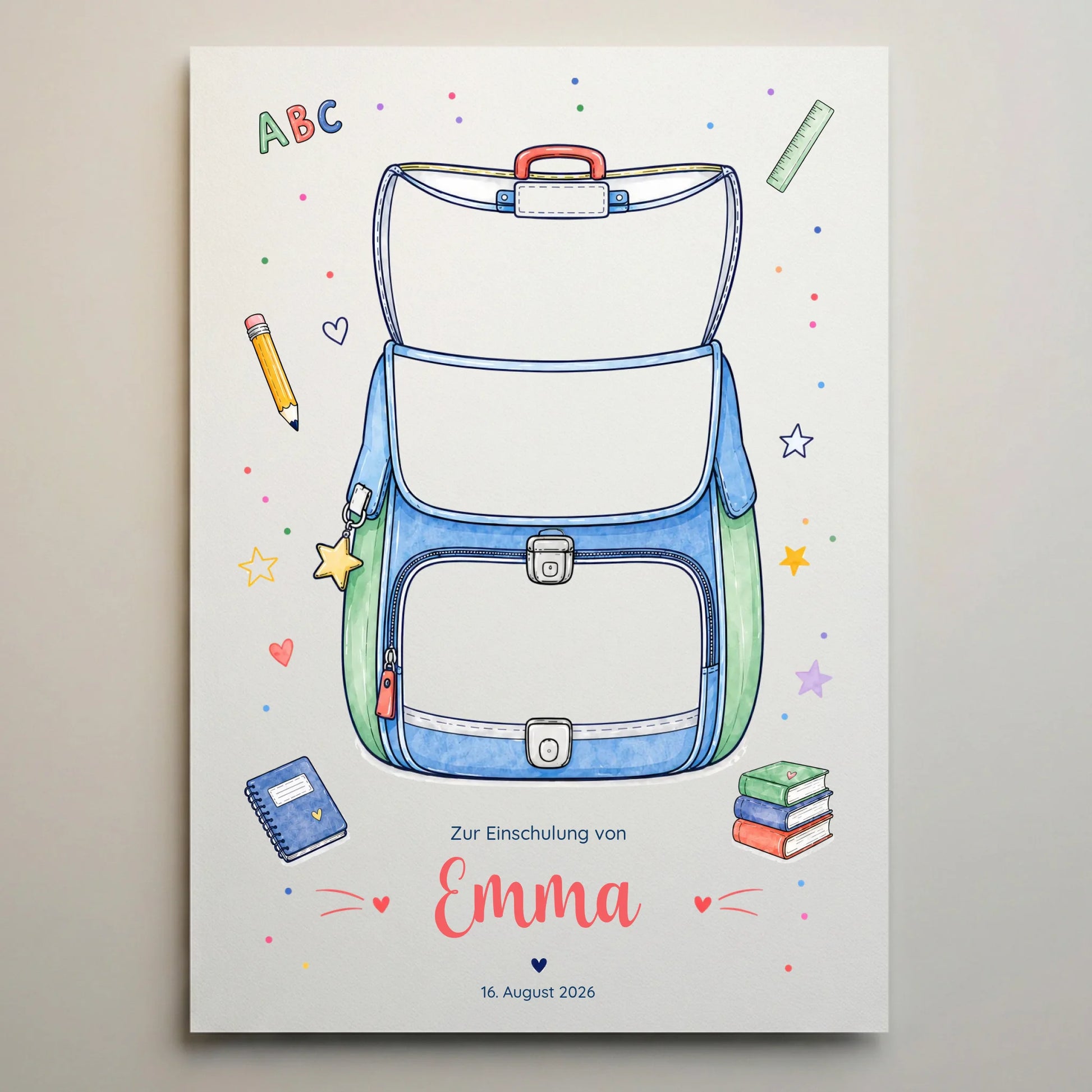 Gästebuch Hochzeit mit Schulranzen-Motiv, personalisierte Poster und Platz für Namen und Datum auf Leinwand