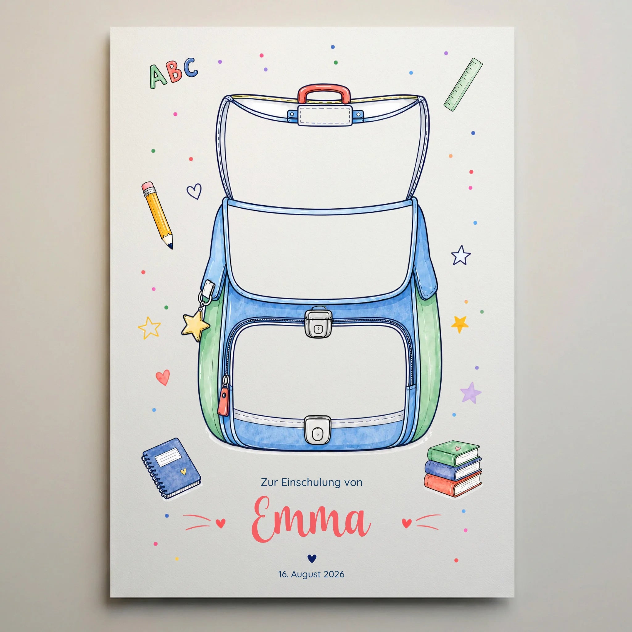 Gästebuch Hochzeit mit Schulranzen-Motiv, personalisierte Poster und Platz für Namen und Datum auf Leinwand