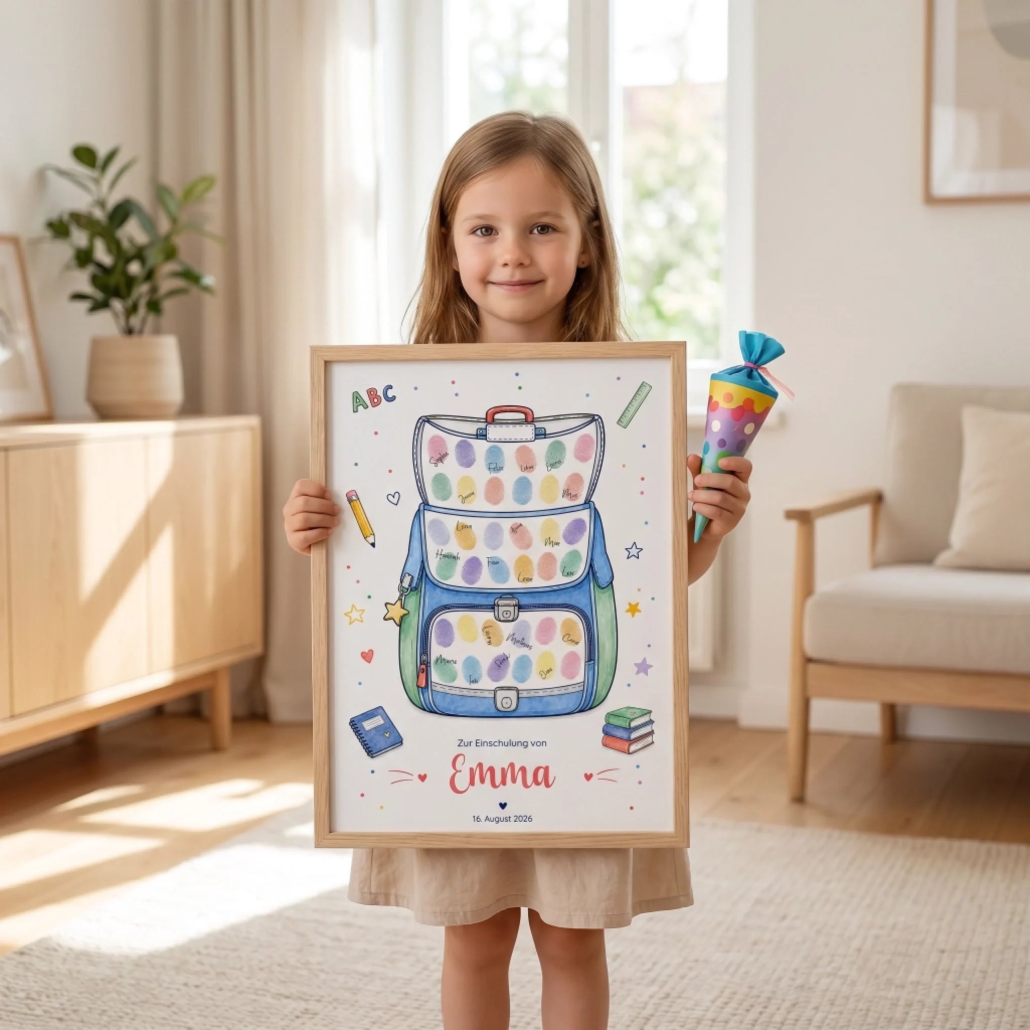 Gästebuch Leinwand mit Schulranzen Motiv, personalisierte Poster und Platz für Namen und Datum