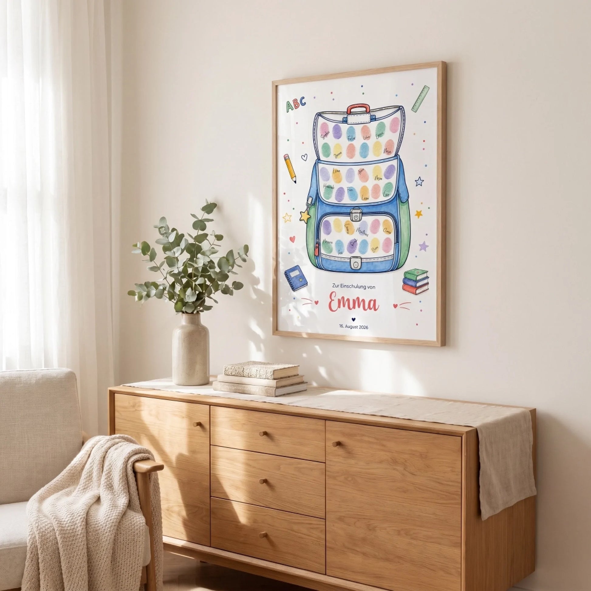 Poster mit Schulranzen-Motiv, Einschulung-Gästebuch für Fingerabdrücke, personalisiertes Poster- oder Leinwand-Gästebuch-Design