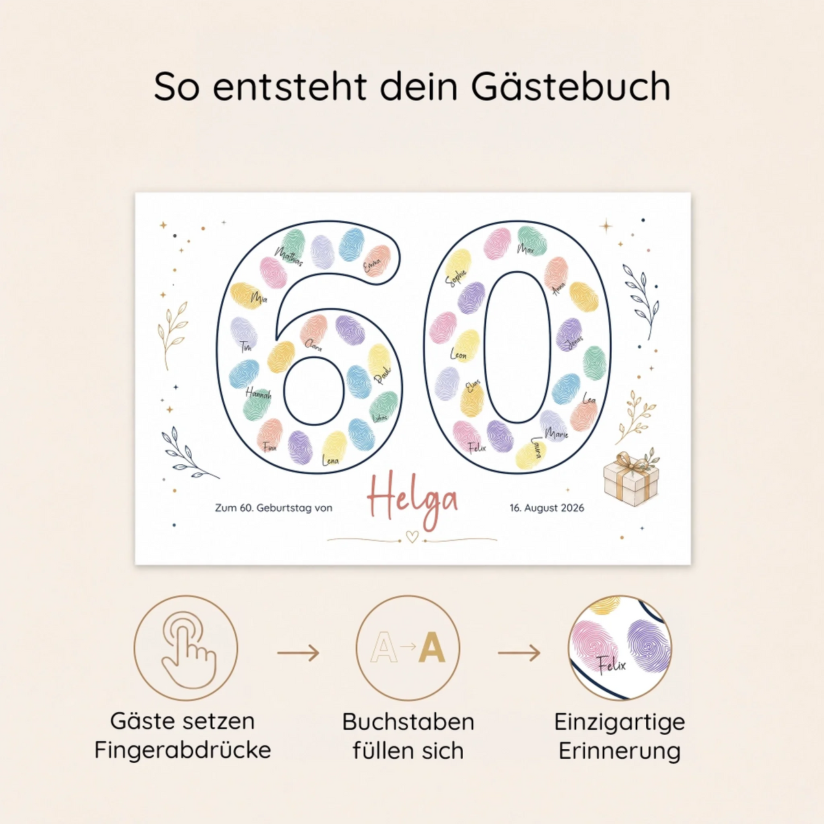 Personalisierte Gästebücher mit Fingerabdruck Motiven, Namen und Datum, für einen 60. Geburtstag - Feed