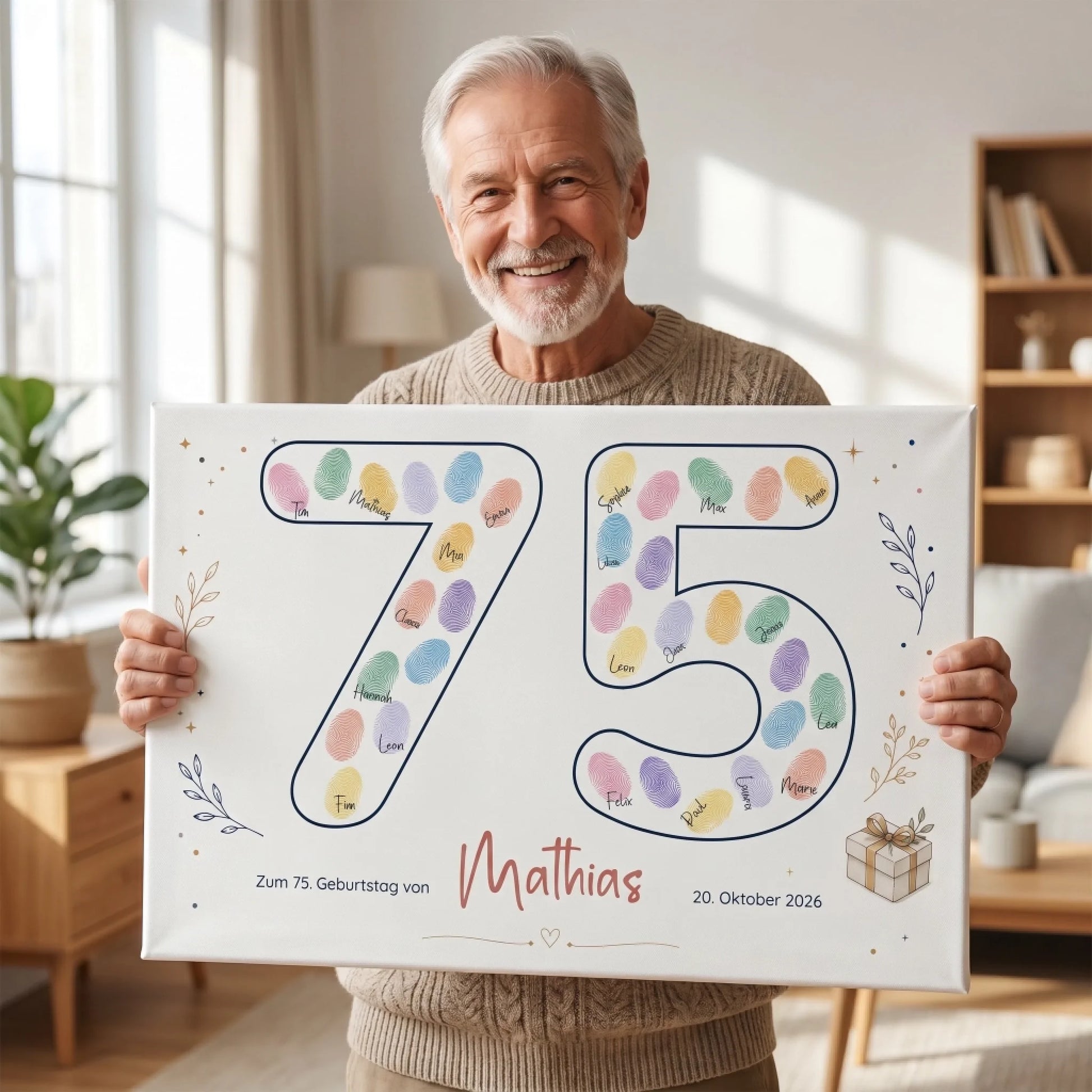 Gästebuch Hochzeit als Leinwand mit Fingerabdruck, personalisiertem Namen und Datum zum 75. Geburtstag Feed