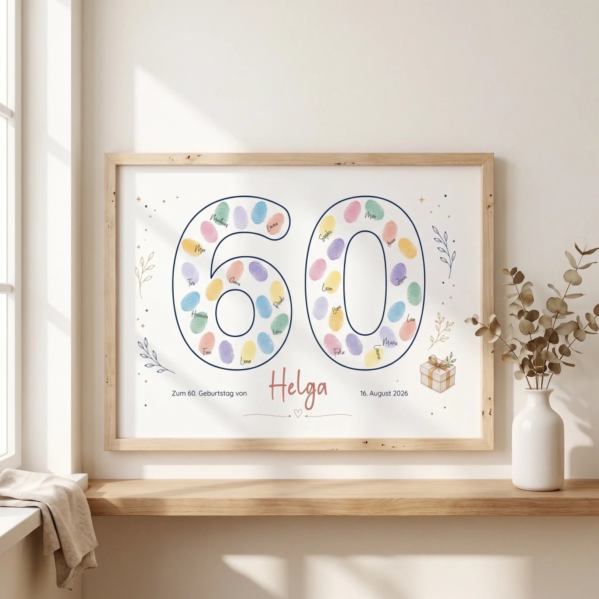 Personalisierte Gästebücher als Poster, Fingerabdruck Gästebuch zum runden Geburtstag, in Pastellfarben im Holzrahmen Feed