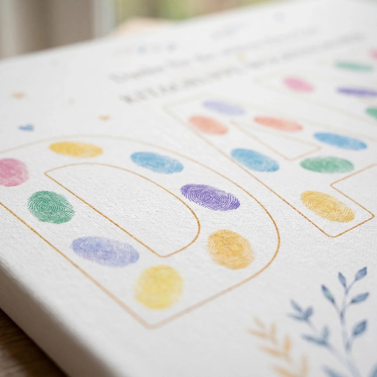 Gästebuch mit farbigen Fingerabdrücken und goldenen Rahmenlinien, unscharfer Hintergrund, nahes Detail - Feed