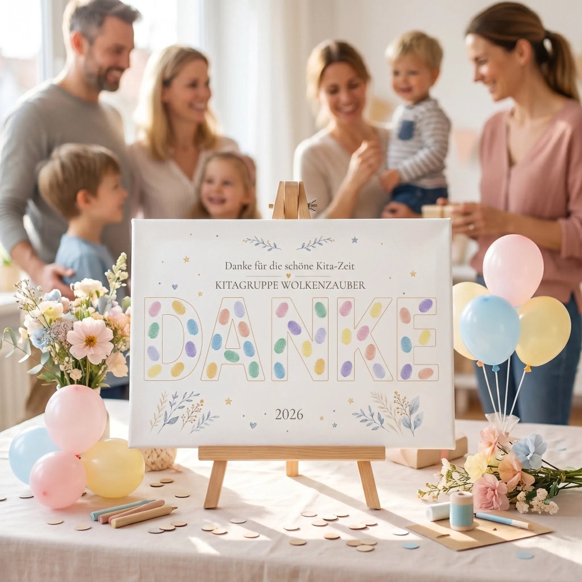 Gästebuch Hochzeit mit Namen und Datum, auf einem Holzständer, Kinder und Erwachsene feiern in einem Raum - Feed