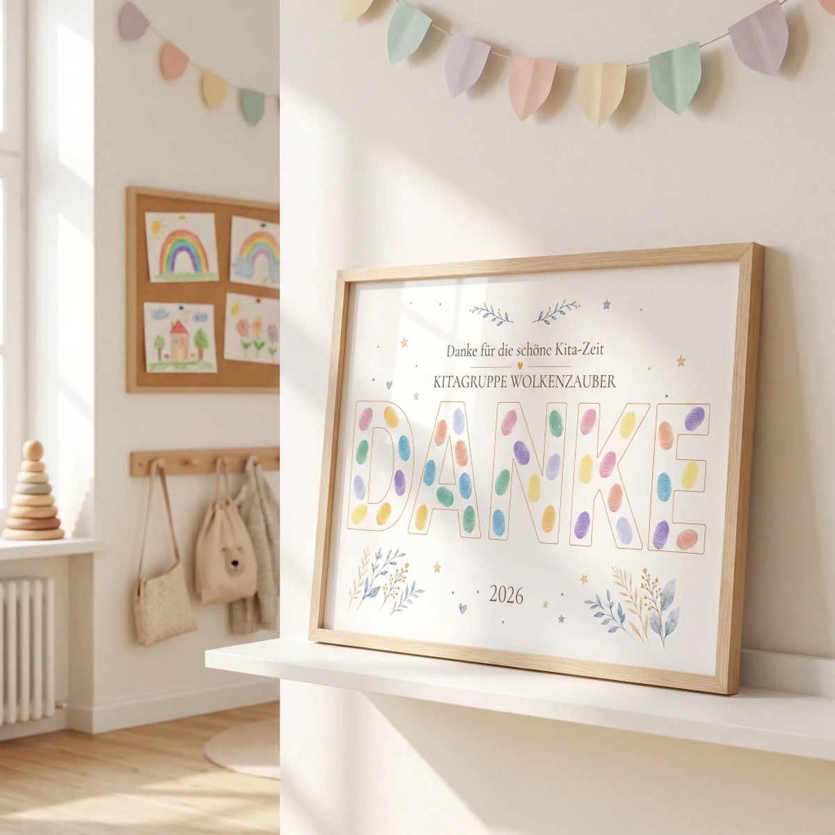 Gästebuch Hochzeit mit personalisierten Poster und bunten Wimpeln, daneben ein gerahmtes Dankeschild 2026 - Feed