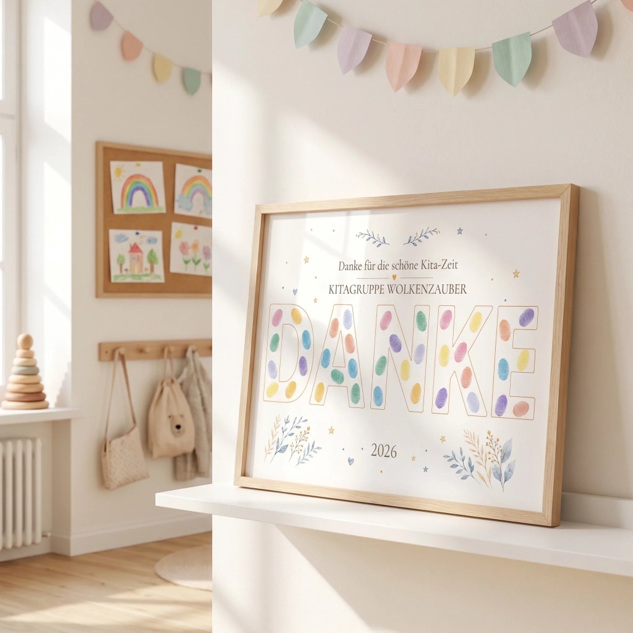 Gästebuch Hochzeit mit personalisierten Poster und bunten Wimpeln, daneben ein gerahmtes Dankeschild 2026 - Feed