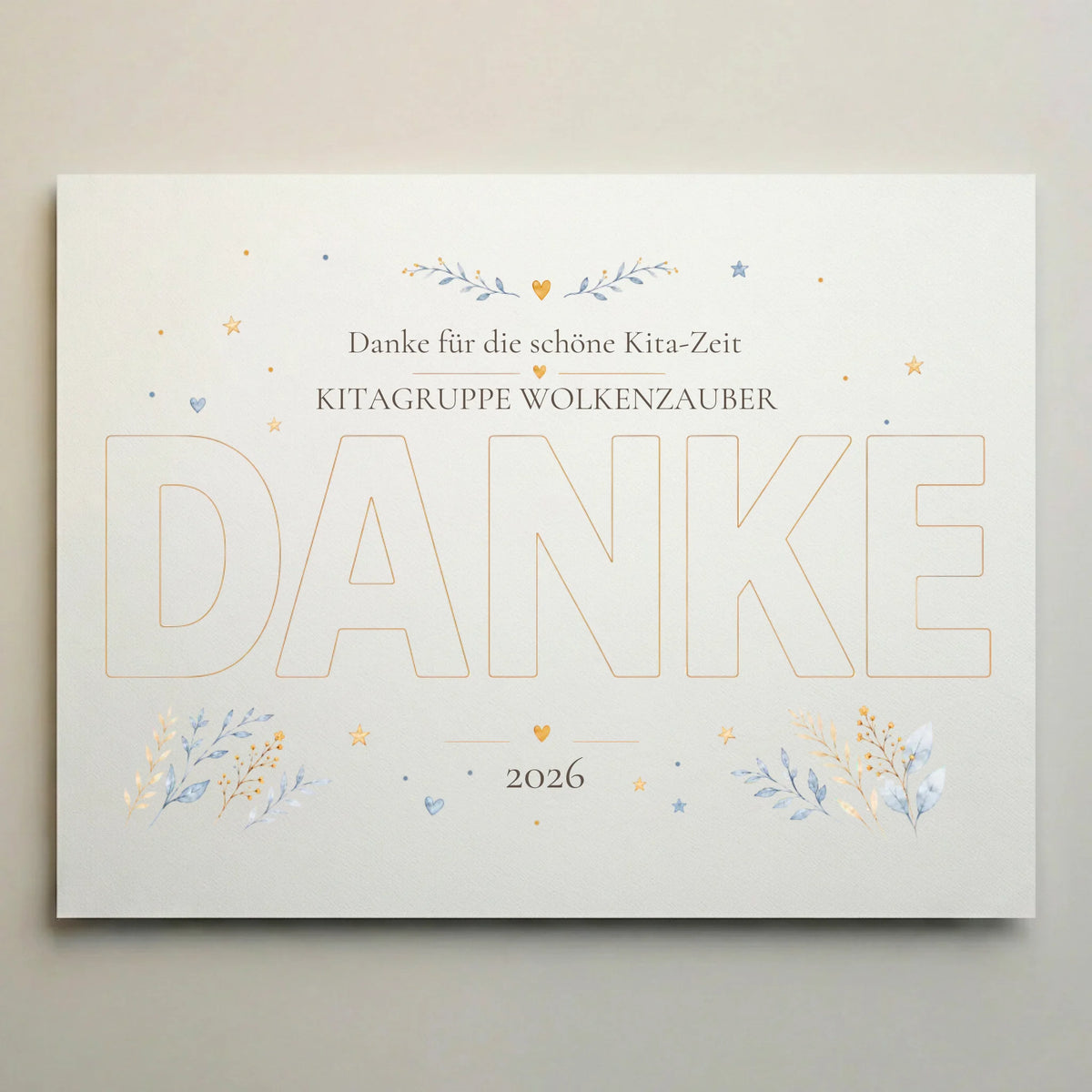 Personalisierte Poster mit Dankespruch für die Kita Zeit, große Schrift DA NK E und Blumenranken, 2026