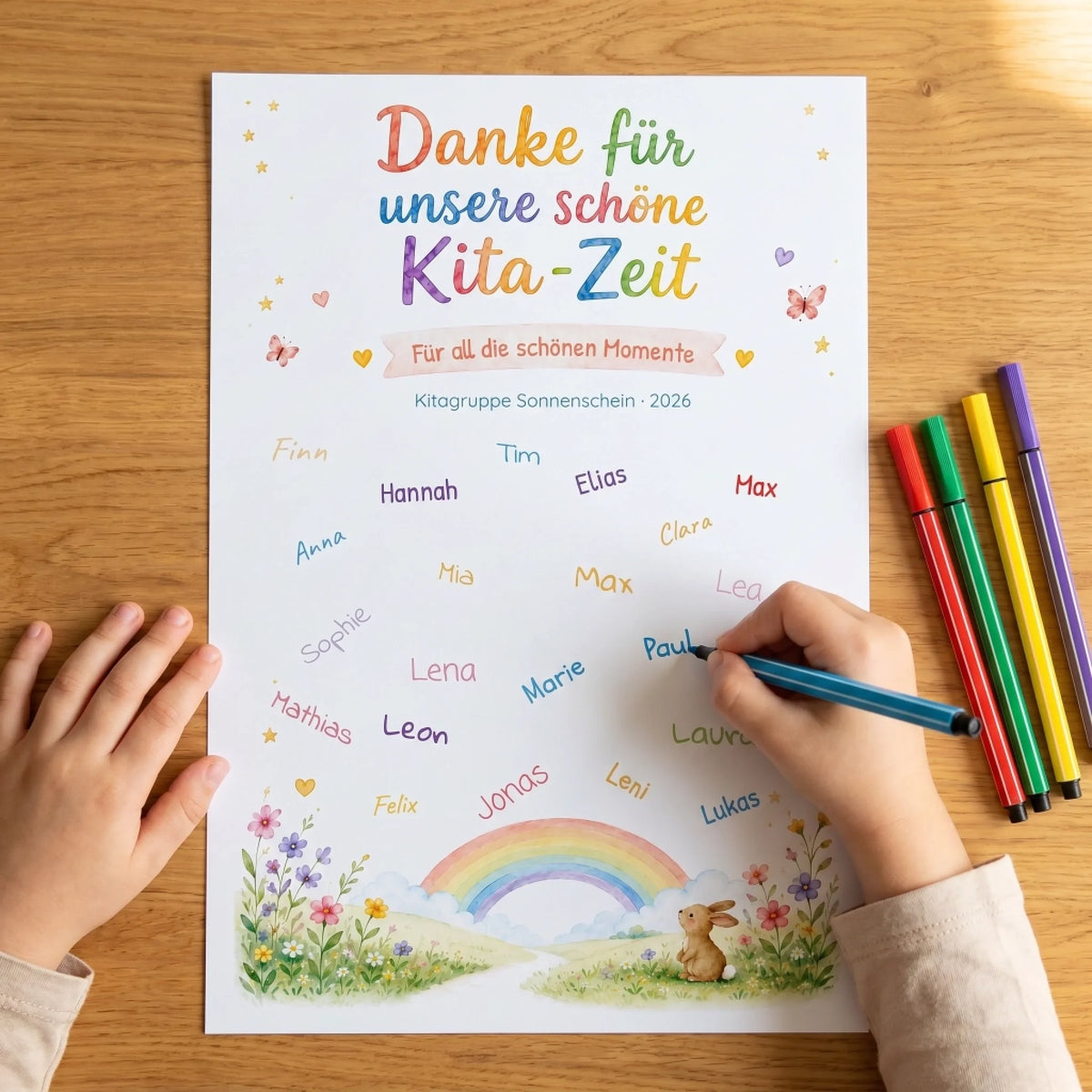 Gästebuch Einschulung mit handschriftlichen Namen, bunten Stiften und Text Danke für unsere schöne Schöne Momente - Feed