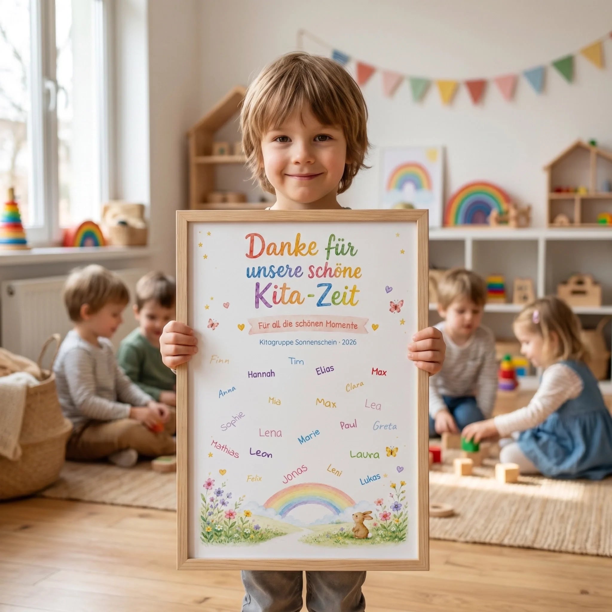 Kind hält ein personalisiertes Poster mit Namen und Datum in einem Kinderzimmer, darunter steht Danke für unsere schöne Kita Zeit - Feed
