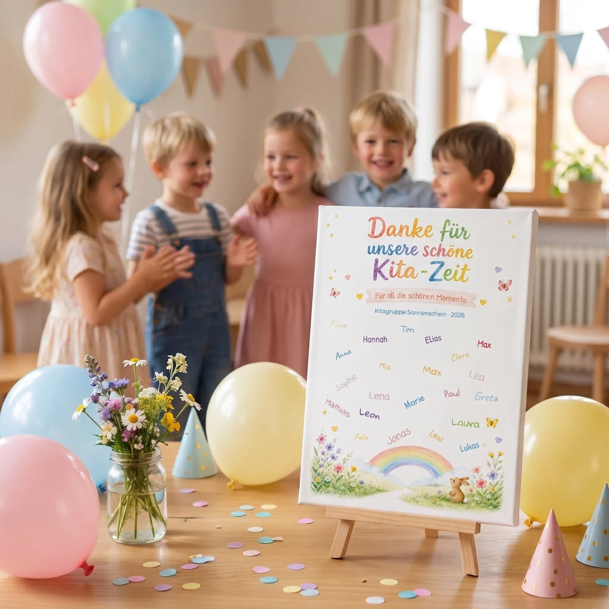 Kindergeburtstag mit Luftballons und Gästebuch Hochzeit, Karte mit Namen und Datum auf Staffelei - Feed
