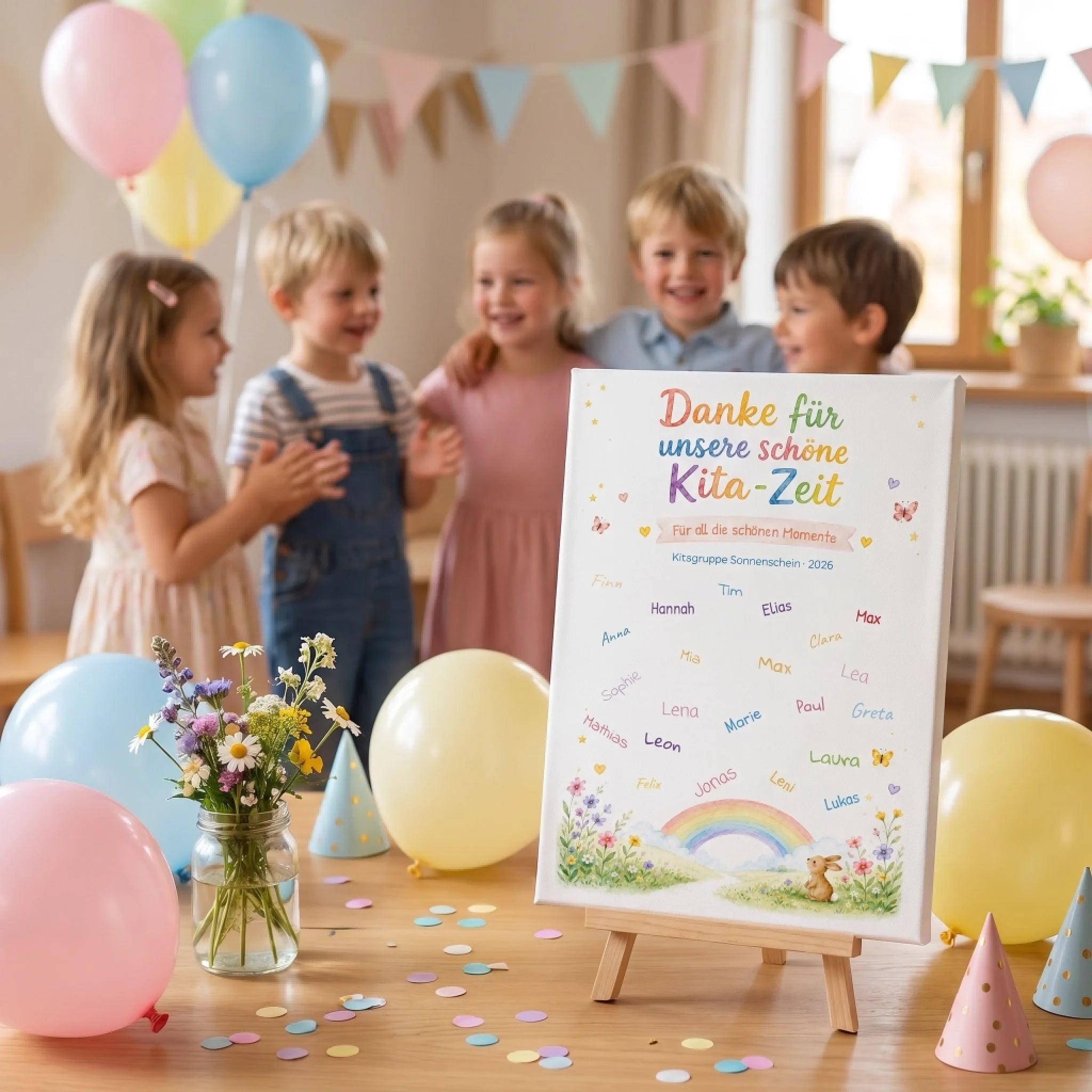 Kindergeburtstag mit Luftballons und Gästebuch Hochzeit, Karte mit Namen und Datum auf Staffelei - Feed