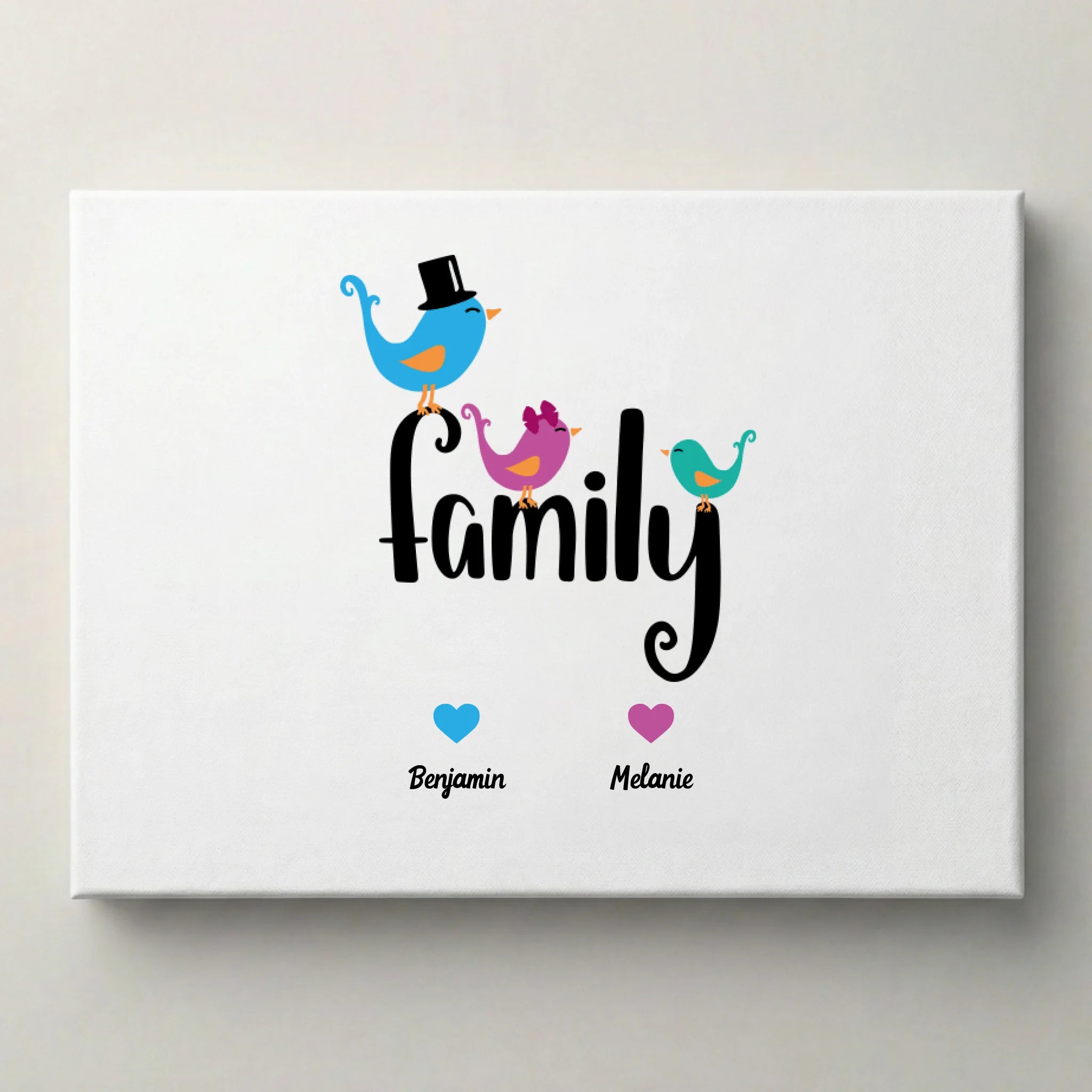 Familienbild Family personalisiert mit Namen und Herz von lovely Art, Leinwand mit blauen und pinken Vögeln