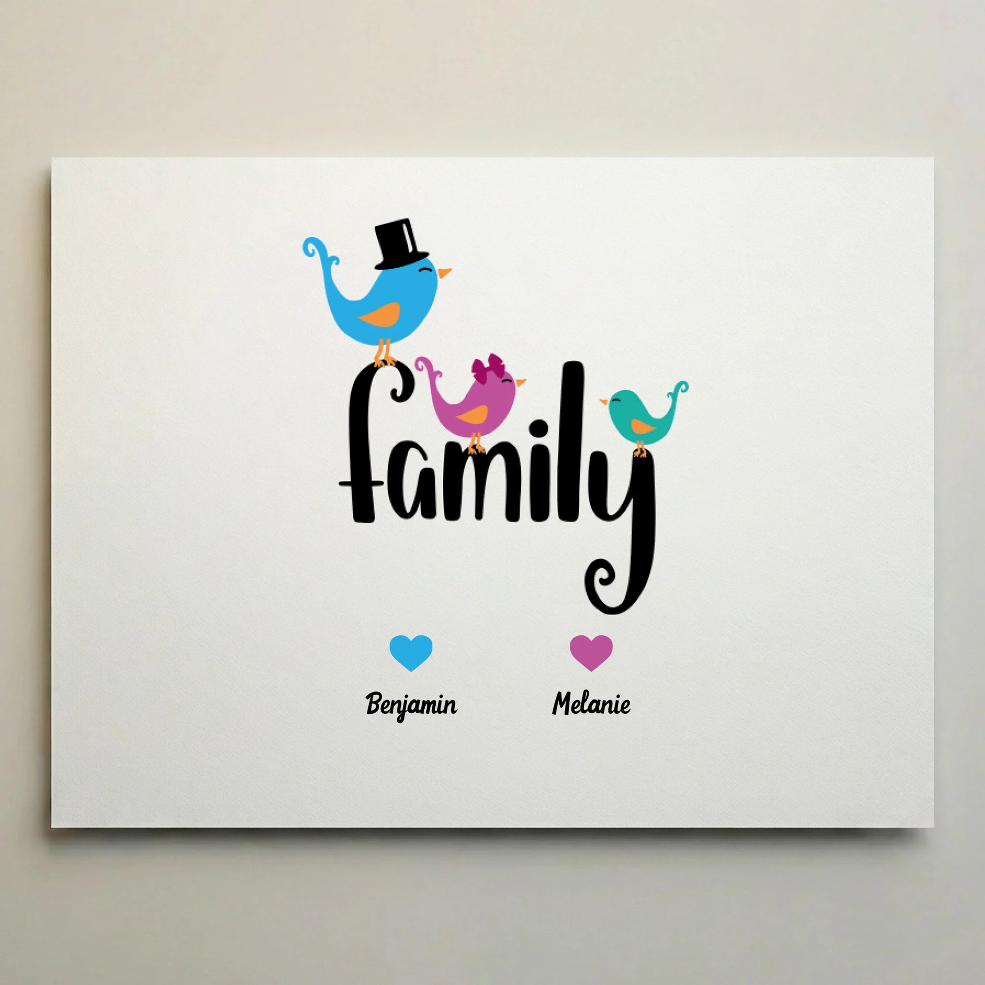 Familienbild Family personalisiert mit Namen und Herz von lovely Art als Leinwand mit bunten Vögeln und Schriftzug