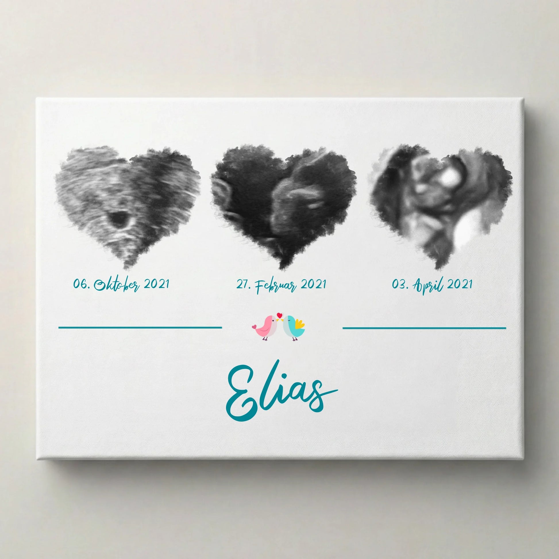 Ultraschallbild personalisiert dreifach mit Herz für Junge oder Mädchen von lovely Art, Leinwand, Fingerabdruck Gästebuch
