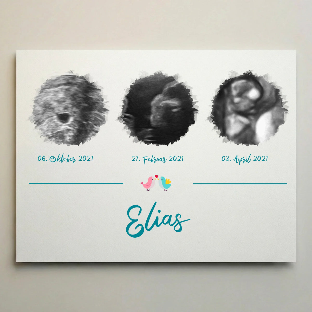 Personalisierte Gästebücher als Leinwand mit drei Tierbildern, Namen Elias und handschriftlichen Datumsangaben