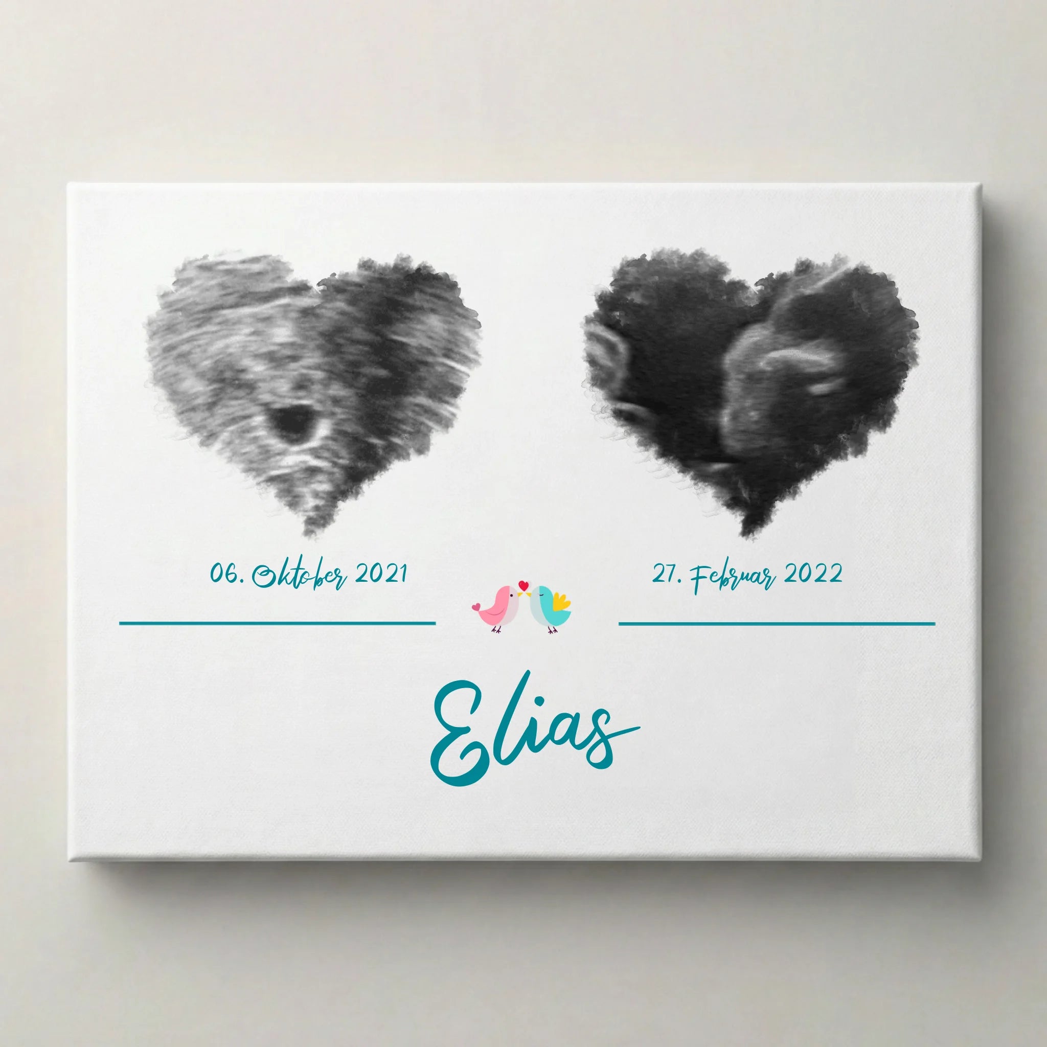 Ultraschallbild personalisiert zweifach mit Herz für Junge oder Mädchen von lovely Art als Leinwand mit Herzform