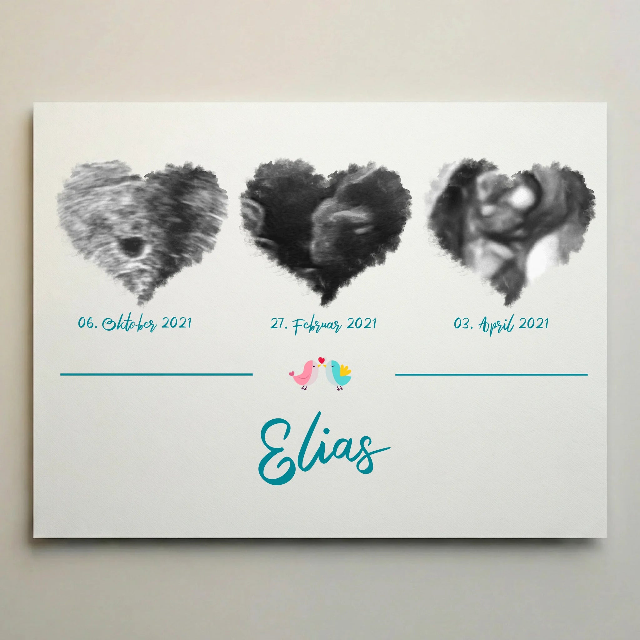 Ultraschallbild personalisiert dreifach mit Herz für Junge oder Mädchen von lovely Art, Leinwand mit drei Ultraschallfotos