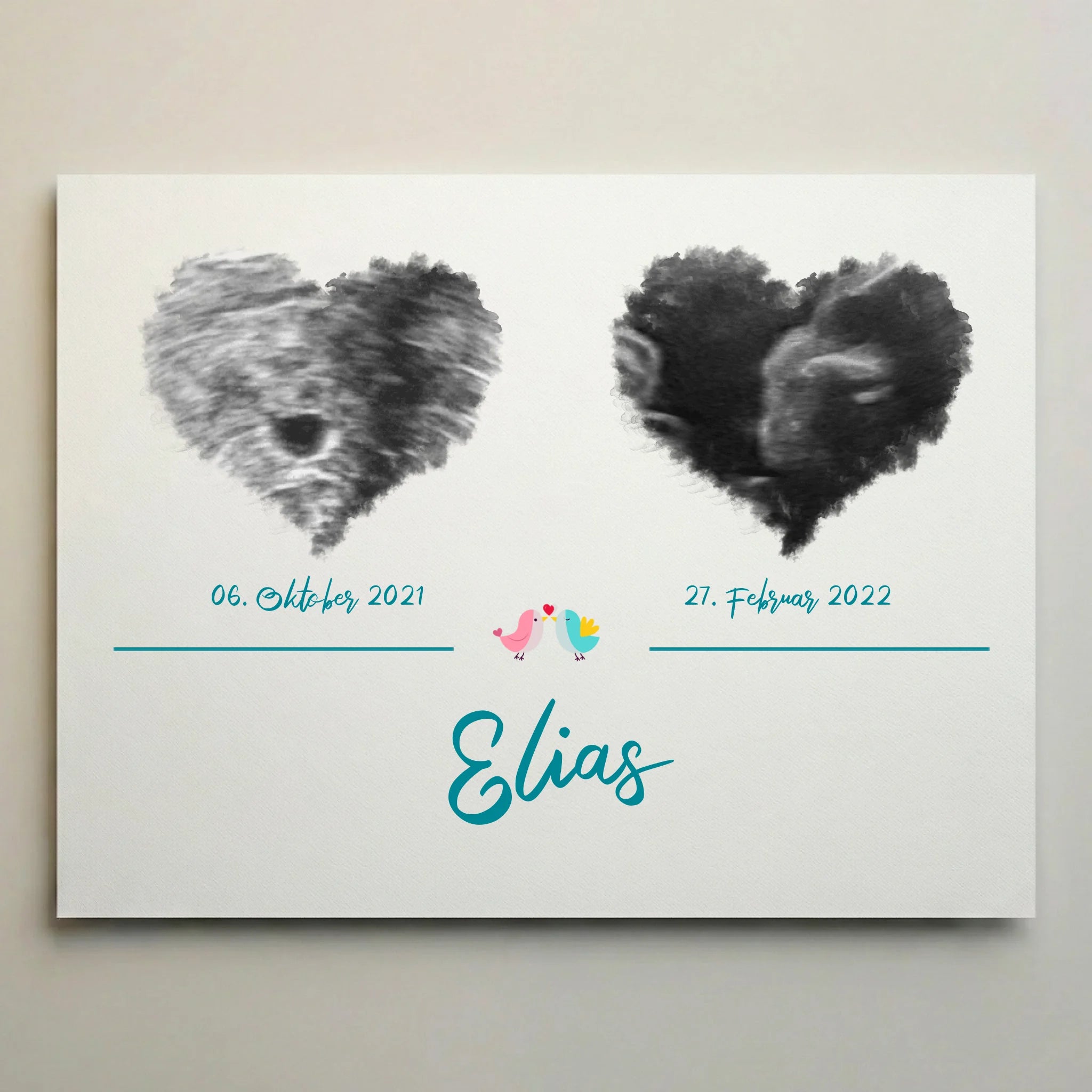 Ultraschallbild personalisiert zweifach mit Herz für Junge oder Mädchen von lovely Art als Leinwand mit zwei Ultraschallbildern