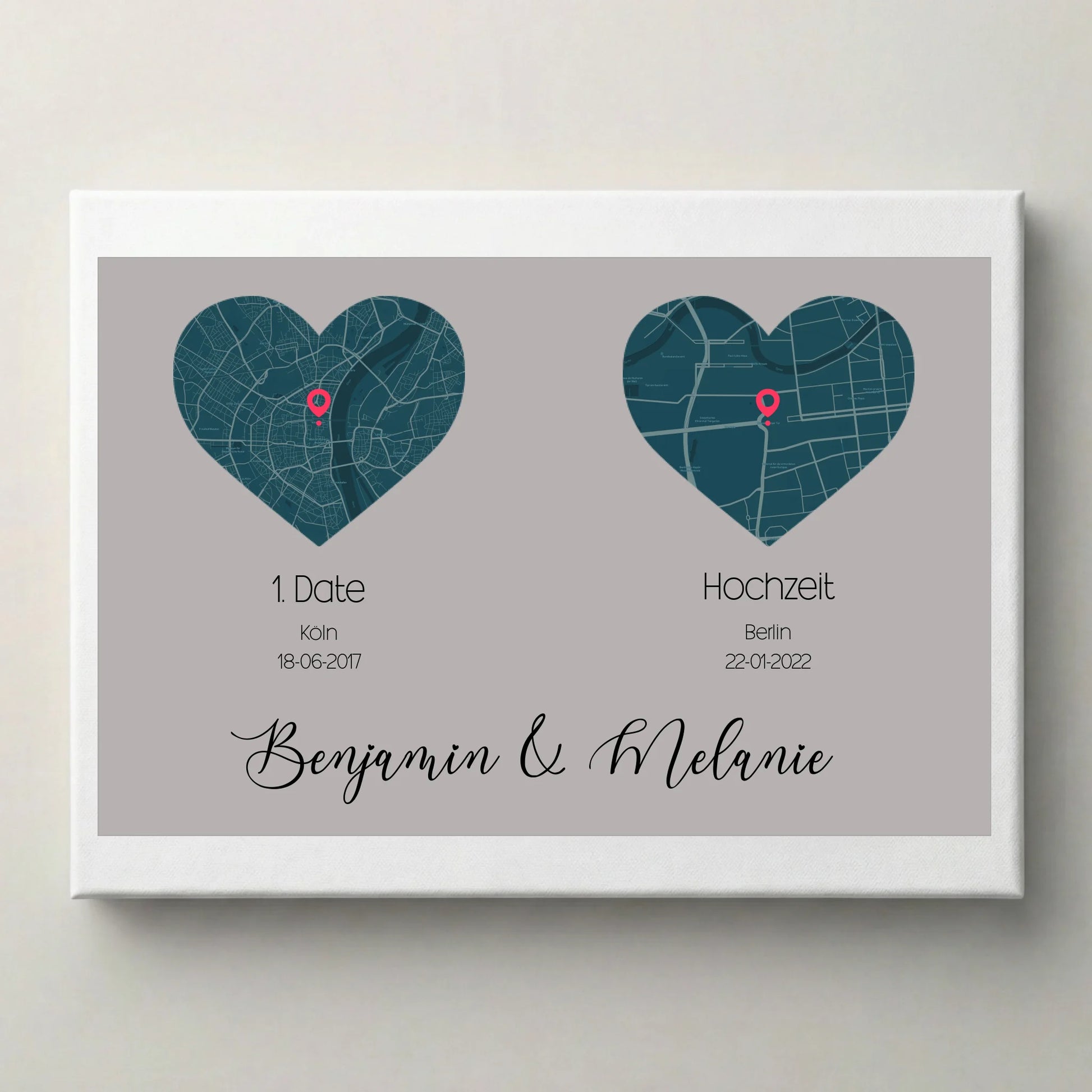 personalisiertes Karten Poster mit Herz- zwei Orte von lovely Art als Leinwand mit zwei Stadtkarten