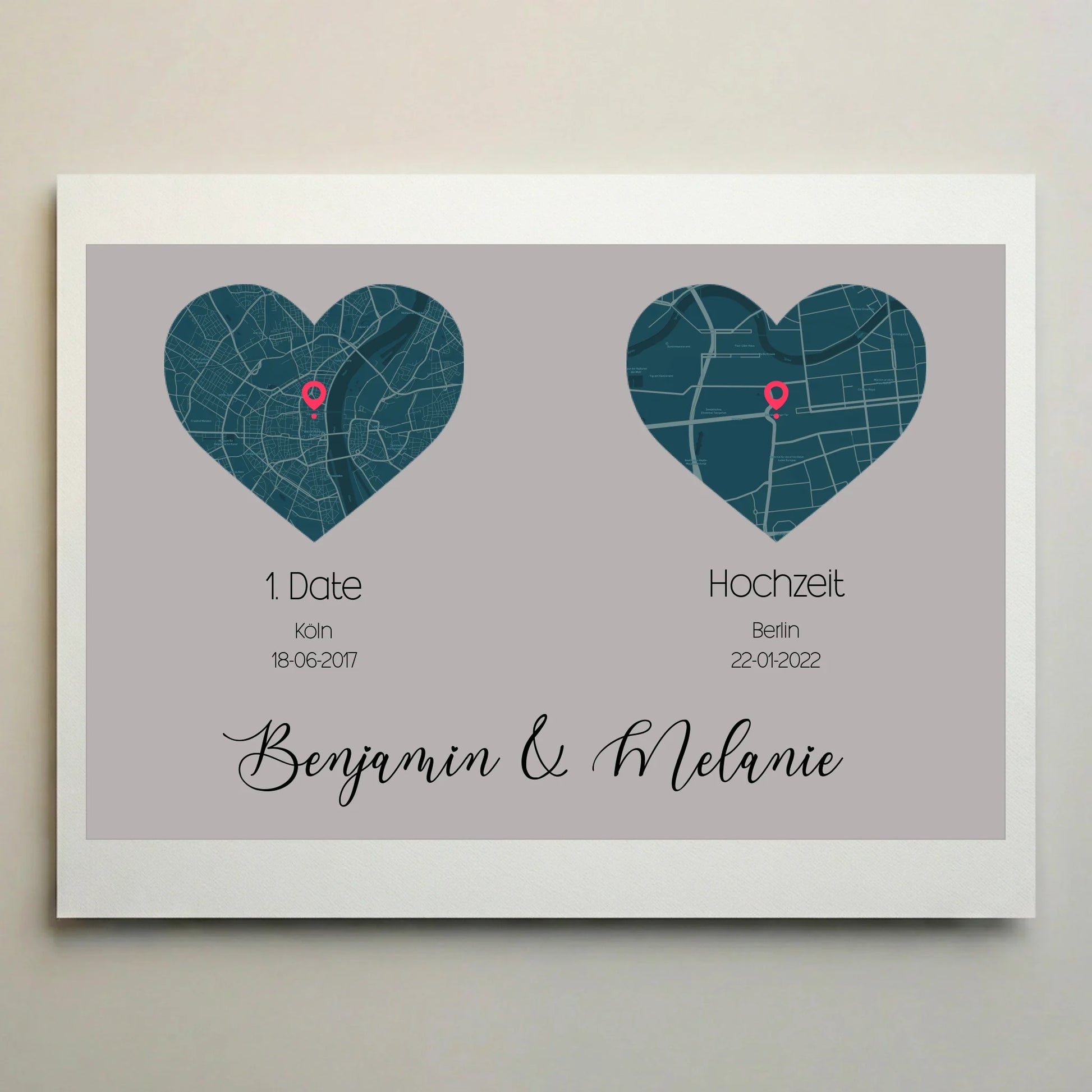personalisiertes Karten Poster mit Herz- zwei Orte von lovely Art als Leinwand, personalisierte Poster
