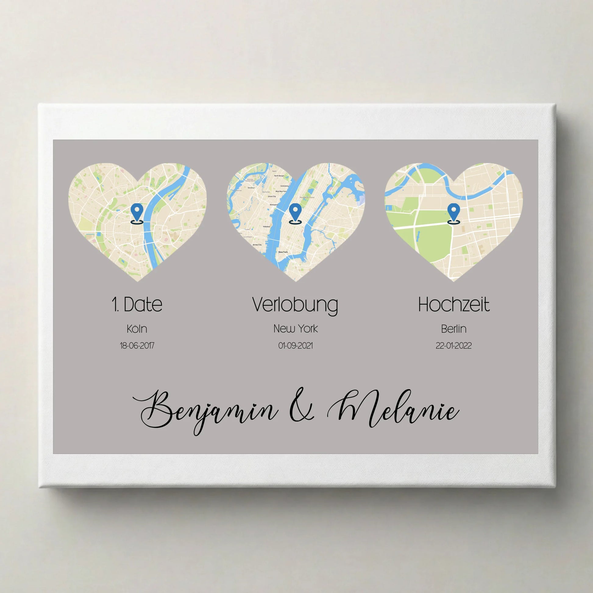personalisiertes Karten Poster mit Herz- drei Orte von lovely Art als Leinwand mit drei Ortskarten und Daten