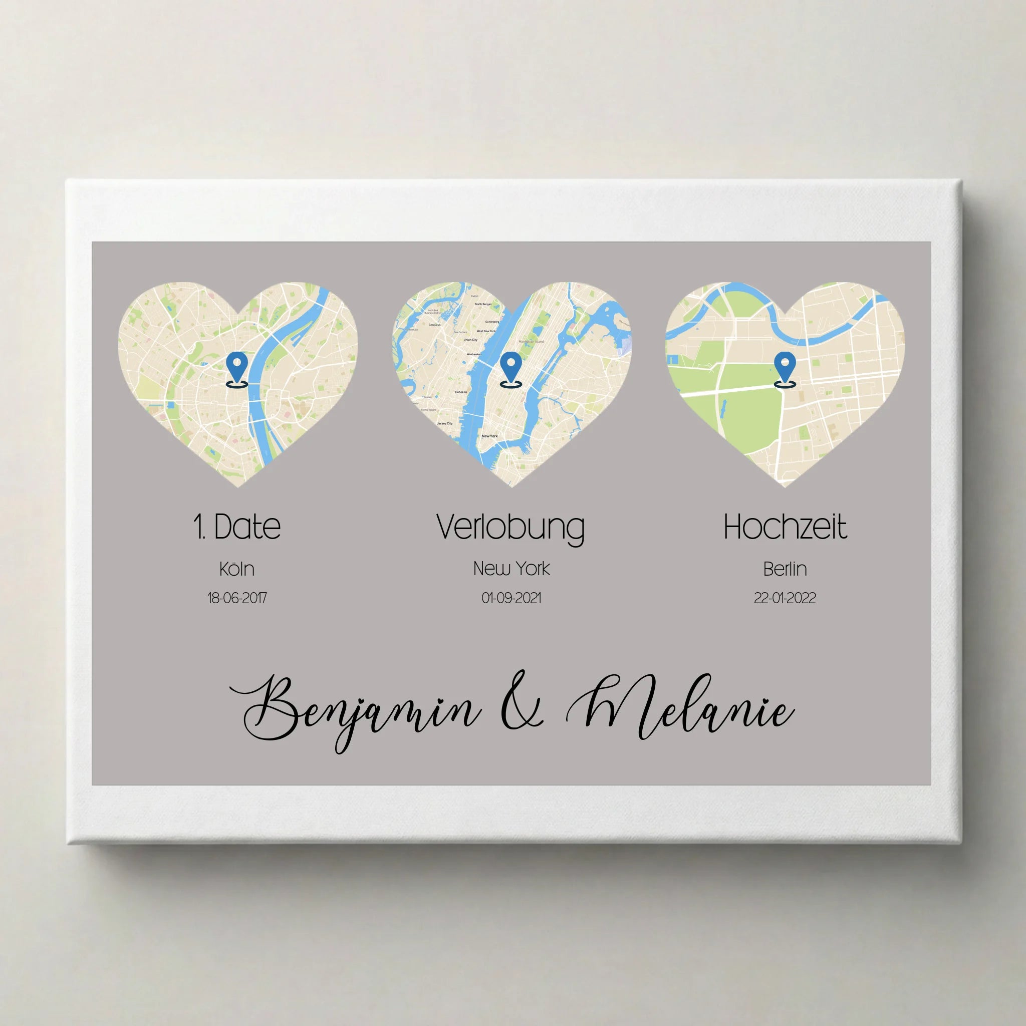 personalisiertes Karten Poster mit Herz- drei Orte von lovely Art als Leinwand mit drei Ortskarten und Daten