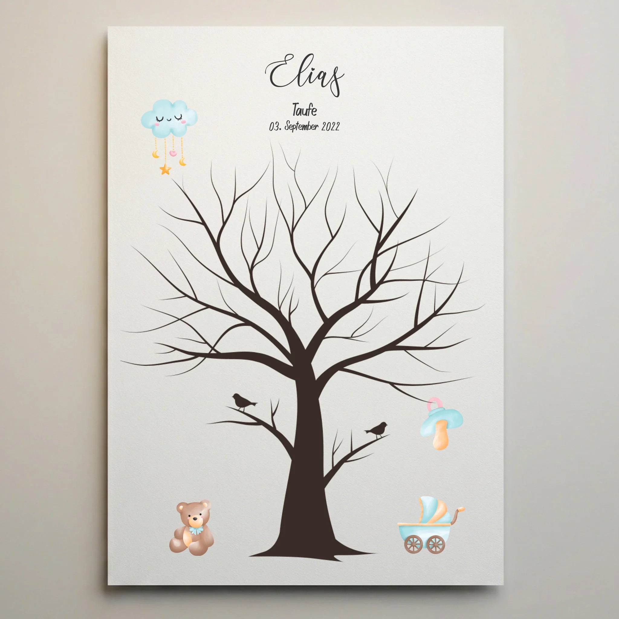 Fingerabdruck Baum zur Taufe mit zwei Vögeln von lovely Art als Gästebuch Hochzeit, Poster ohne Rahmen