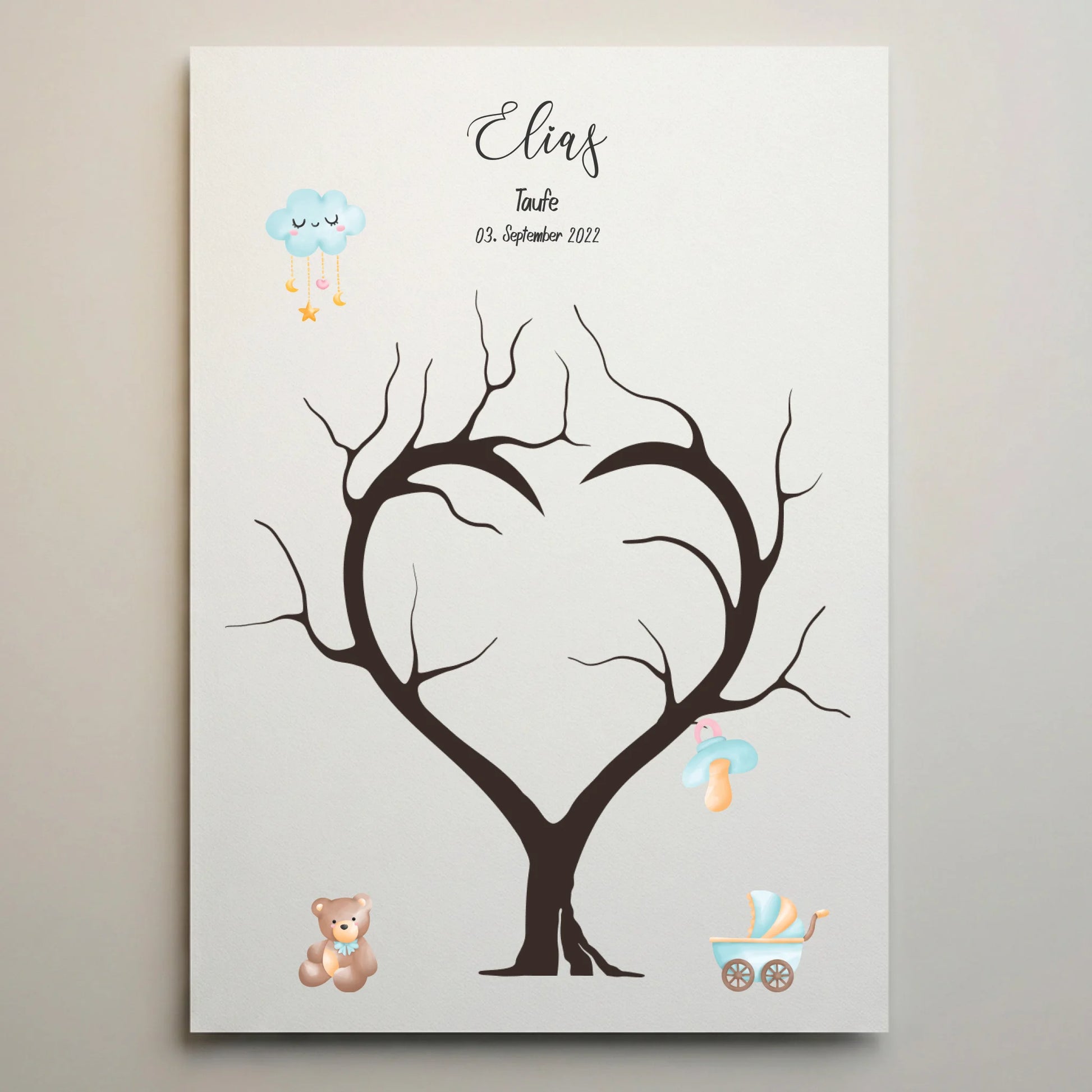 Fingerabdruck Herzbaum zur Taufe von lovely Art als Gästebuch Hochzeit mit personalisierten Taufposter, Leinwand