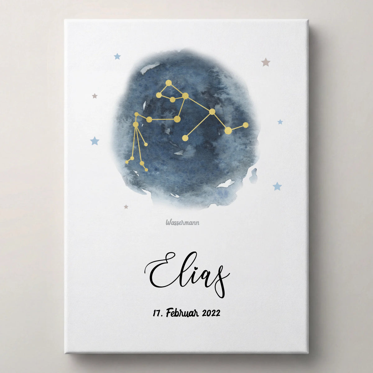 Personalisierte Erinnerungsbilder als weißes Leinwandbild mit blauem Sternbild, dem Namen Elias und Datum